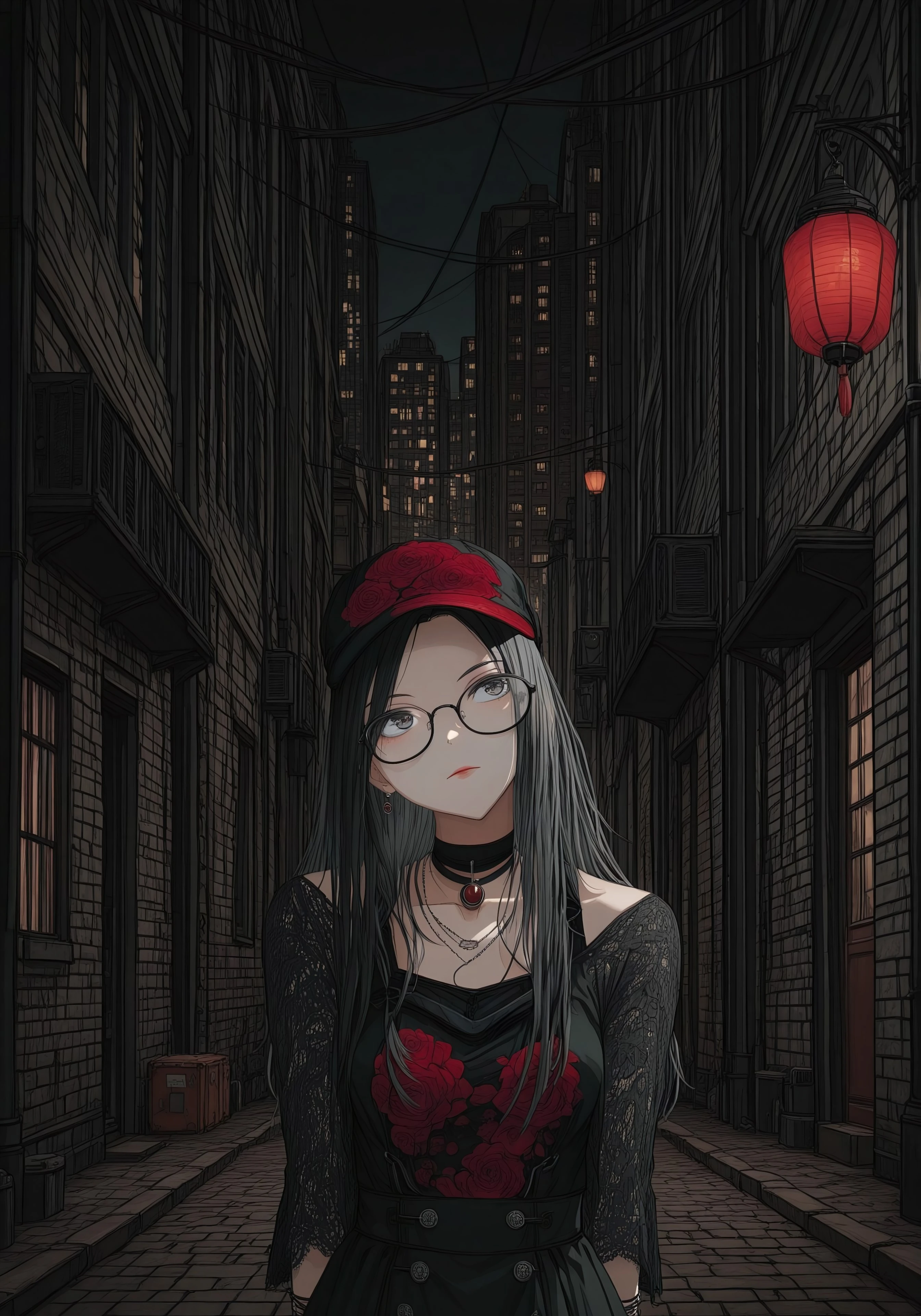(((ultra detailed, masterpiece, high quality, )))
,
((( Nicialmb2, outdoors, scenery, building, night, dark, road, street, alley, city,))
,
((( )))
,
((( Rosalinmb2, long hair, black hair, glasses, jewelry, choker, hat, )))
,
((( 1girl, solo, posing while leaning on the street lantern, head tilt)))
,
((( )))
,
((( )))
,
((( )))