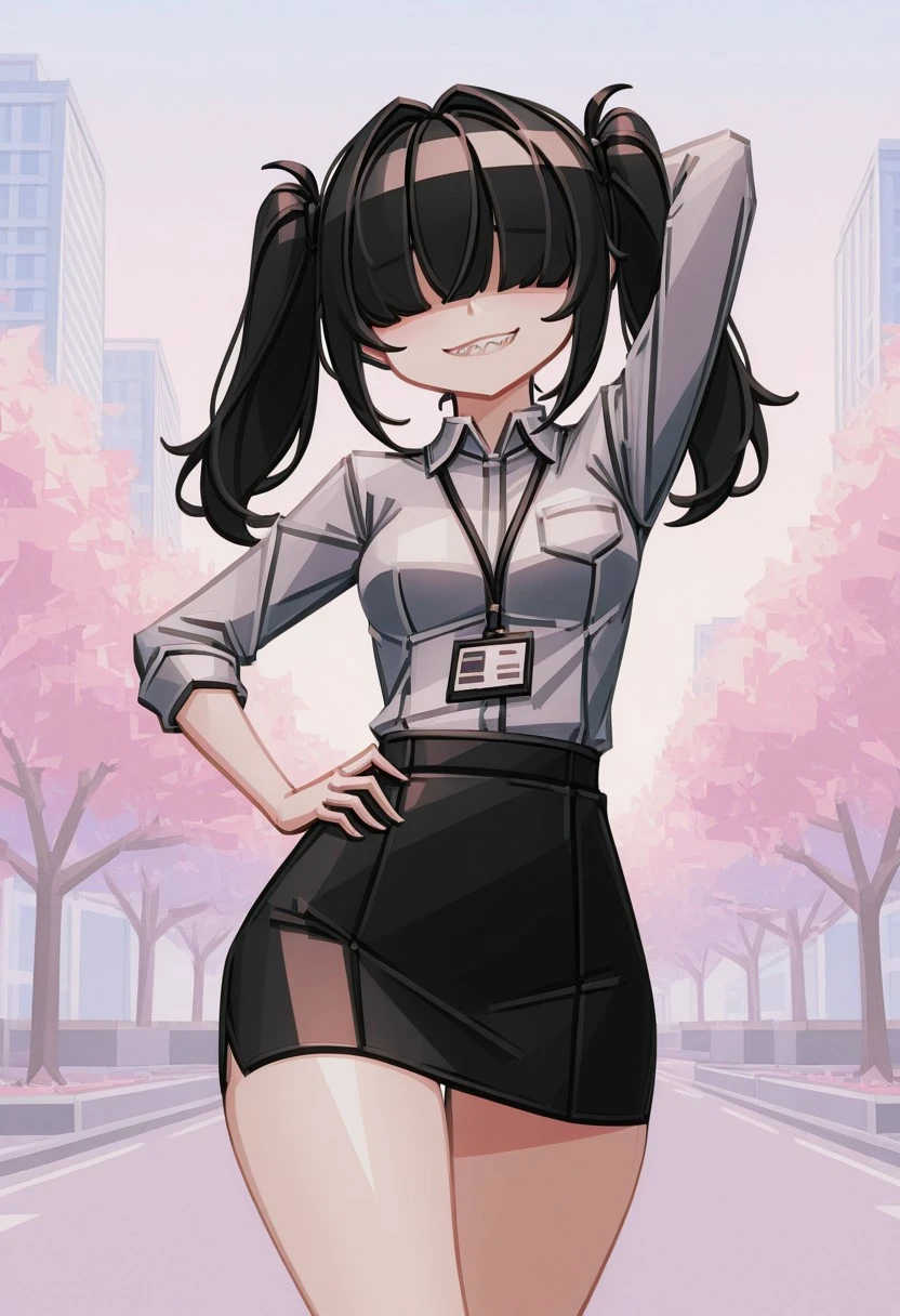 makaroll, outdoors, effect, best result, 1girl, solo, black hair, smirk, hair over eyes, texture, gradient shading, pastel colors, office lady, sharp teeth, one arm on hip while the other is behind head, twin tails, thick thighs, wide hips