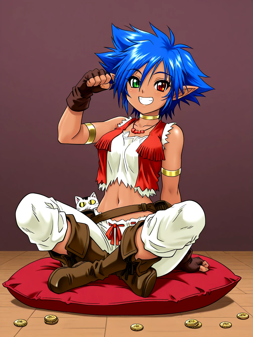 <lora:æãç«+å°å¤:1>,chibi cat girl,one paw pose,other paw hugging oval-coin,sitting on cushion,
chibi,
<lora:IL-D2-ERENA:1>,D2-ERENA,1girl,solo,short hair,elf,blue hair,dark skin,pointy ears,green eyes,heterochromia,red eyes,spiked hair,navel,brown fingerless gloves,midriff,red vest,necklace,jewelry,belt,pants,leggings,boots,
open mouth,grin,