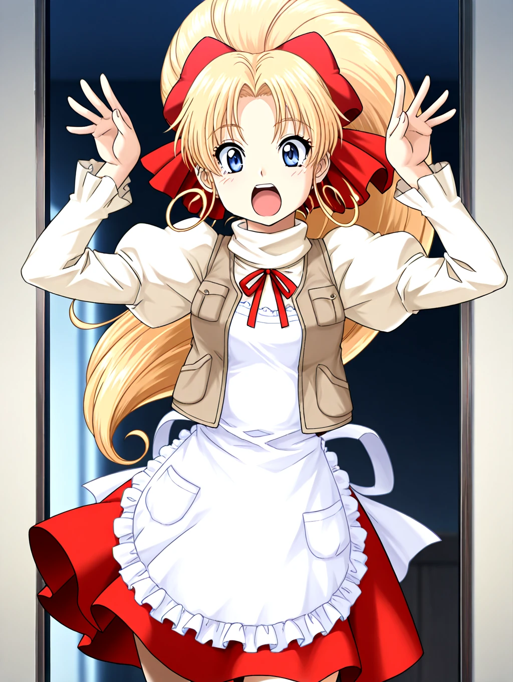 masterpiece,best quality,newest,absurdres,highres,detailed eyes,beautiful,detailed background,perfect eyes,anime coloring,anime screencap,
<lora:add-detail-xl:1>,<lora:ponyv4_noob1_2_adamW-000017:0.8>,wear clothes,1girl,solo,
<lora:caramelldansen_ILv11_v1:1>,caramelldansen,parody,open mouth,palms up,
<lora:IL-D2-KURISUTA:1>,KURISUTA,blue eyes,blonde,ponytail,long hair,curly hair beside ears,bow,ribbon,white lace trim apron,hair ribbon,vest,hair bow,juliet sleeves,dress skirt,