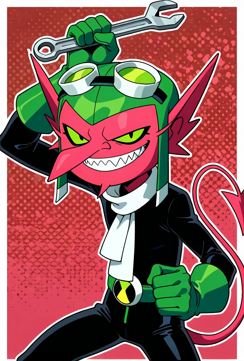 <lora:juryrigg-10:1> juryrigg, red skin, 1boy, green eyes, goggles, goggles on head, demon tail, green gloves, white scarf, black , green belt, , long nose, smile, holding wrench, green background, red background, dynamic pose, looking at viewer, sharp teeth, grin, angry,, masterpiece, best quality, amazing quality, very aesthetic, absurdres, newest,, upper body, halftone effect, white borders, abstract background:1.2,
