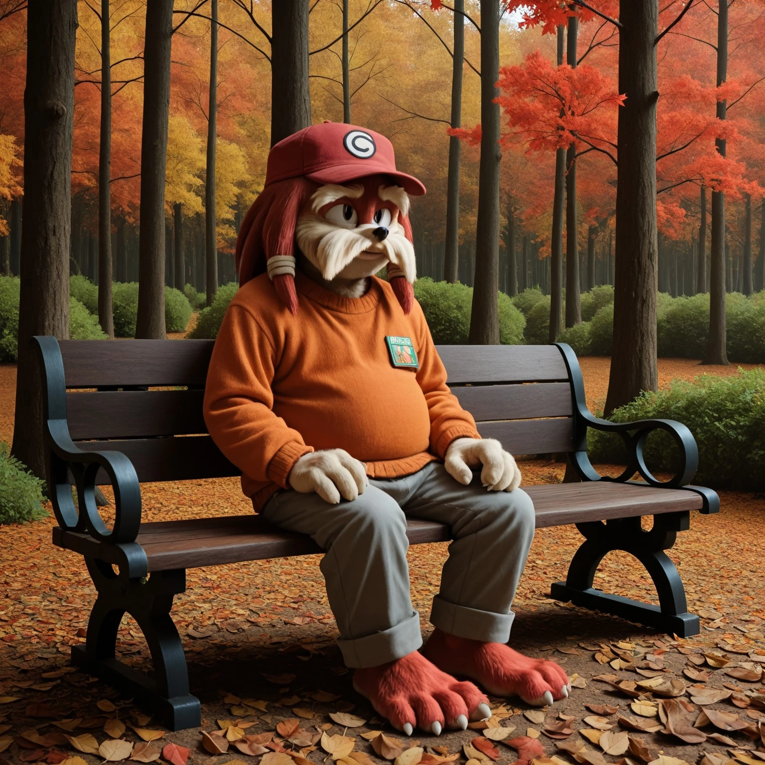 score_9, score_8_up, score_7_up, (best quality), ultra-detailed, high resolution, 8k, Pachacamac, elderly furry male, anthro echidna, mustache, 2d, animated, illustration, comic book style, full body, outside, forest, autumn, falling leaves, red cap, orange sweater, gray pants, barefoot, nice furry feet, plantigrade, sitting on bench
