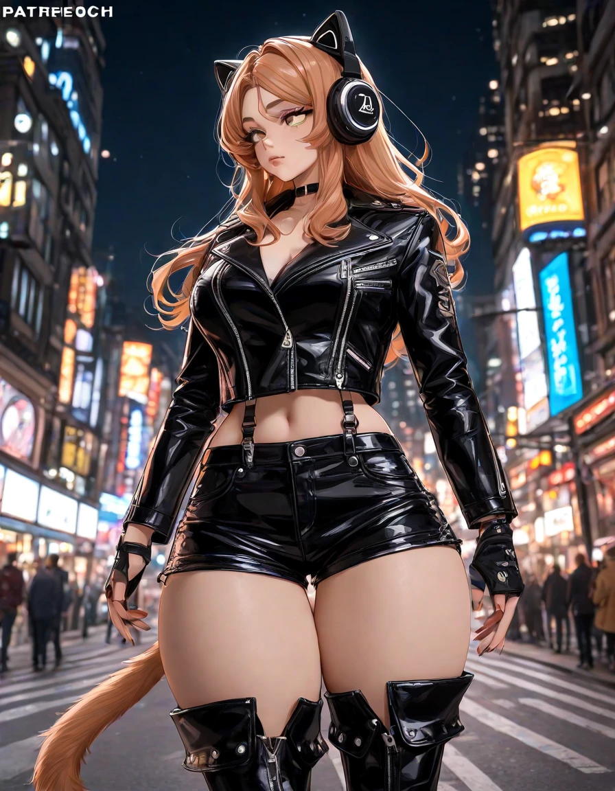 In a city night, a woman walks down the street dressed in a leather jacket, Demin shorts, boots, and cat ears headphones, ((close-up)), focus on head,
(masterpiece:1.2), (best quality:1.2), (very aesthetic:1.2), (absurdres:1.2), (detailed background),newest, perfect anatomy,radisch