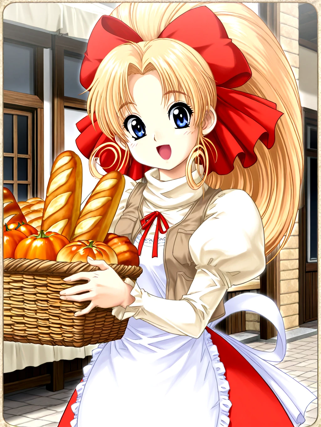 <lora:IL-D2-KURISUTA:1>,KURISUTA,blue eyes,blonde,ponytail,long hair,curly hair beside ears,bow,ribbon,white lace trim apron,hair ribbon,vest,hair bow,juliet sleeves,red dress skirt,portrait,cowboy_shot,
holding picnic basket,bread,bakery,looking at viewer,
