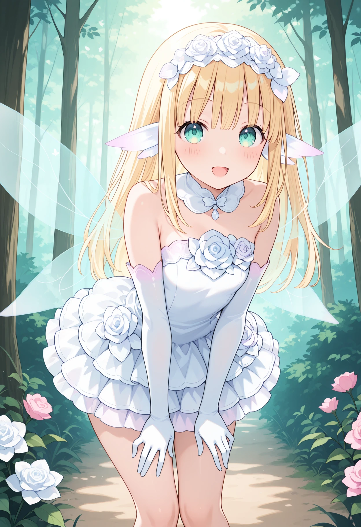 highres, best quality, masterpiece, forest,
1girl, solo, npbouqt, blonde hair, long hair, aqua eyes, green eyes, hair ornament, fairy, fairy wings,
flower hairband, detached collar, dress, white dress, layered dress, strapless, bare shoulders, elbow gloves, thighs,
looking at viewer, blush, smile, open mouth,
leaning forward, standing,
<lora:_bouquet_neptunia-elesico-ilxlC-000014:1>