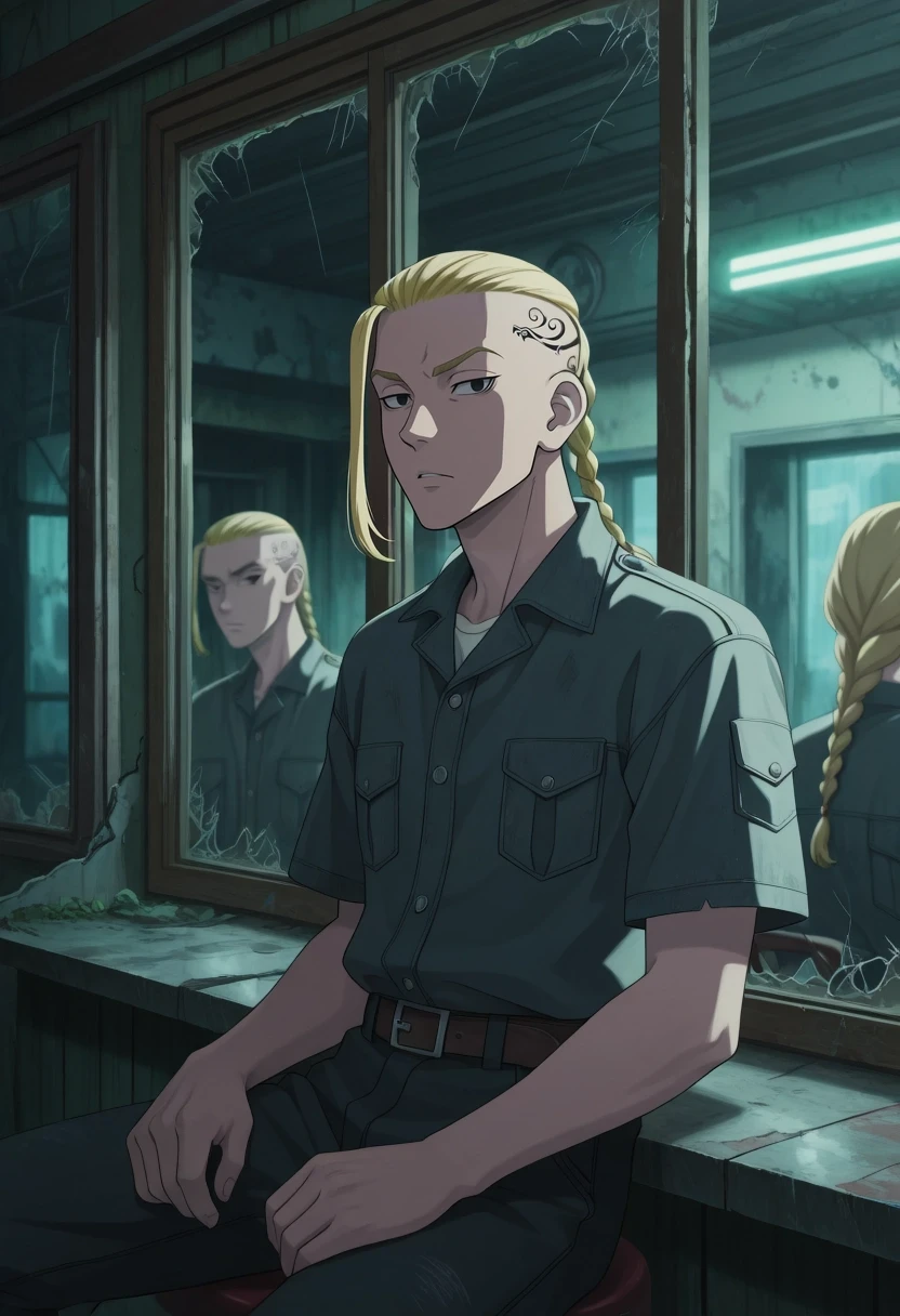masterpiece, best quality, amazing quality, very aesthetic, high resolution, ultra-detailed, absurdres, newest, colorful, highest detailed, very awa, anime screencap, official style, anime coloring, cowboy shot, looking at viewer, 1boy, solo, male focus, <lora:ken_ryuuguuji_ilxl:1>, ken_ryuuguuji, blonde hair, black eyes, braid, single braid, braided ponytail, tattoo, long hair, , sitting, melancholic expression, abandoned diner, vintage clothing, dim neon glow, close-up, dusty booths, chipped counter, reflections in glass, nostalgic, quiet, intricate details of decay, sharp focus, muted colors, clear view