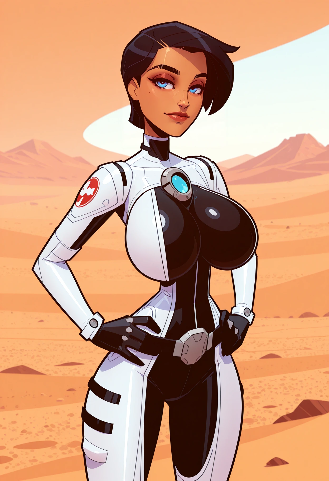 <lora:balsamique-guy90-Illust-Lycorisv1:0.551>, balque, very aesthetic, masterpiece,best quality,amazing quality,newest, 8K, depth of field, volumetric lighting, very awa, ultra-detailed, absurdres, newest, detailed textures, correct anatomy,
<lora:NM_Anbarin_ill:1>, NM_Anbarin, 1girl, solo, breasts, short hair, large breasts, black hair, gloves, blue eyes, (dark skin:0.7), lips,(white bodysuit), and black and brown bodysuit, hands on hips, dunes, sands background,