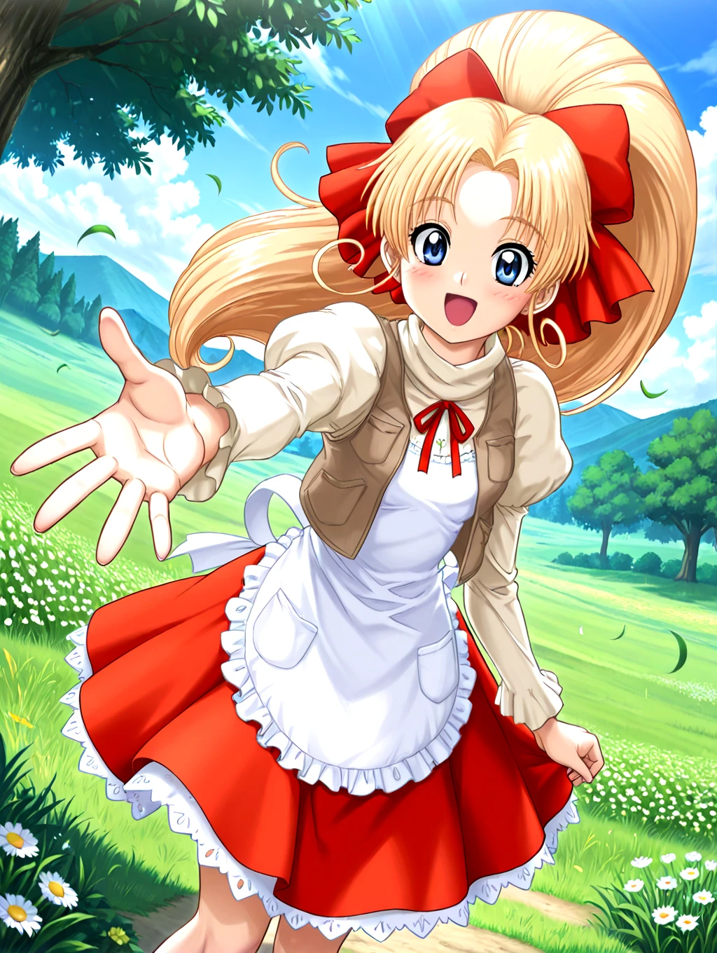 <lora:IL-D2-KURISUTA:1>,KURISUTA,blue eyes,blonde,ponytail,long hair,curly hair beside ears,bow,ribbon,white lace trim apron,hair ribbon,vest,hair bow,juliet sleeves,dress skirt,
outdoors,grasslands,floating leafs,flower,sky,cloud,day,tree,
looking at viewer,reaching towards viewer,blush,smile,open mouth,