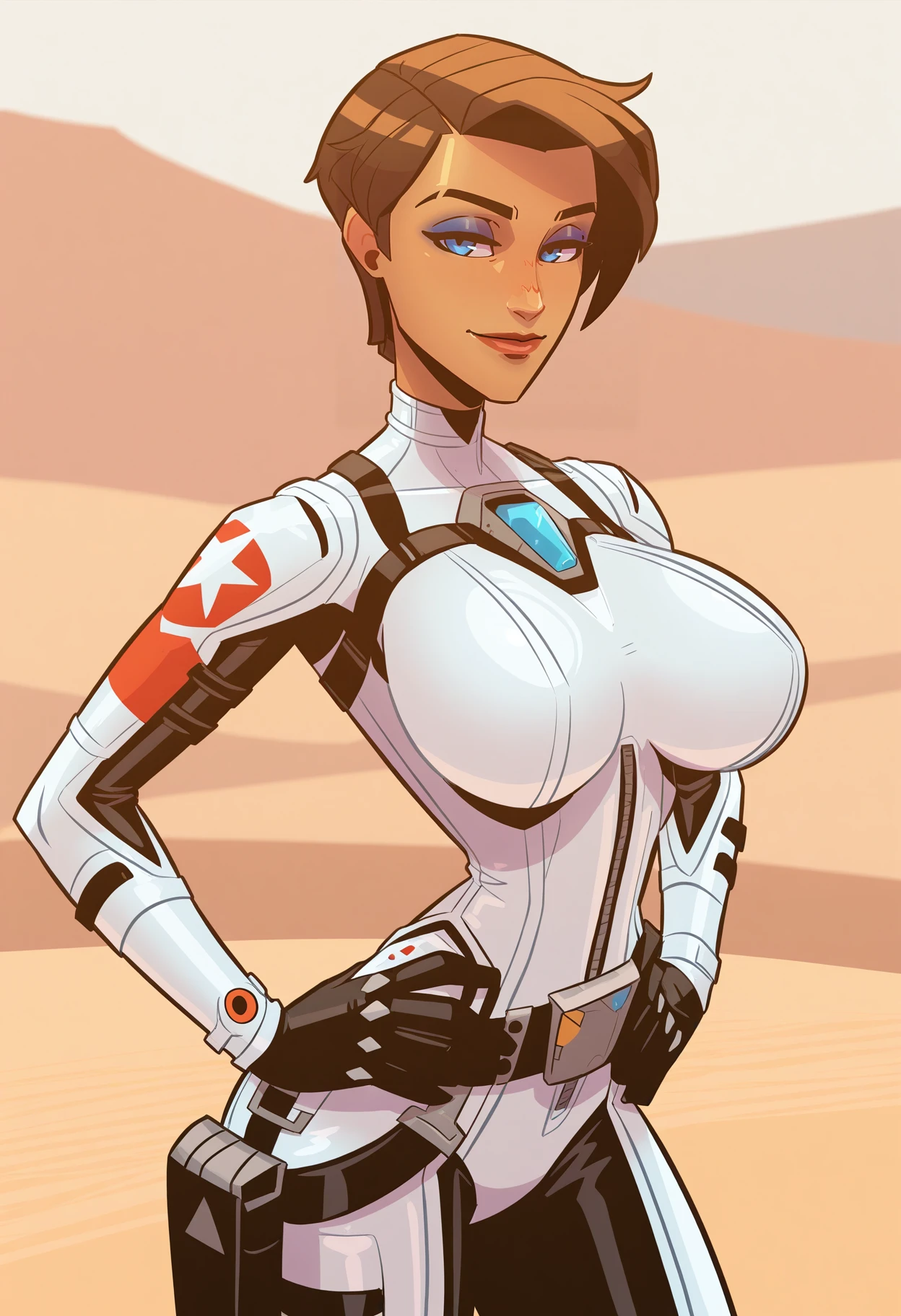 very aesthetic, masterpiece,best quality,amazing quality,newest, 8K, depth of field, volumetric lighting, very awa, ultra-detailed, absurdres, newest, detailed textures, correct ,
<lora:NM_Anbarin_ill:1>, NM_Anbarin, 1girl, solo, , looking at viewer, short hair, blue eyes, , brown hair, gloves, belt, dark skin, dark-skinned female, lips, white , makeup, eyeshadow, hands on , dunes, desert background,