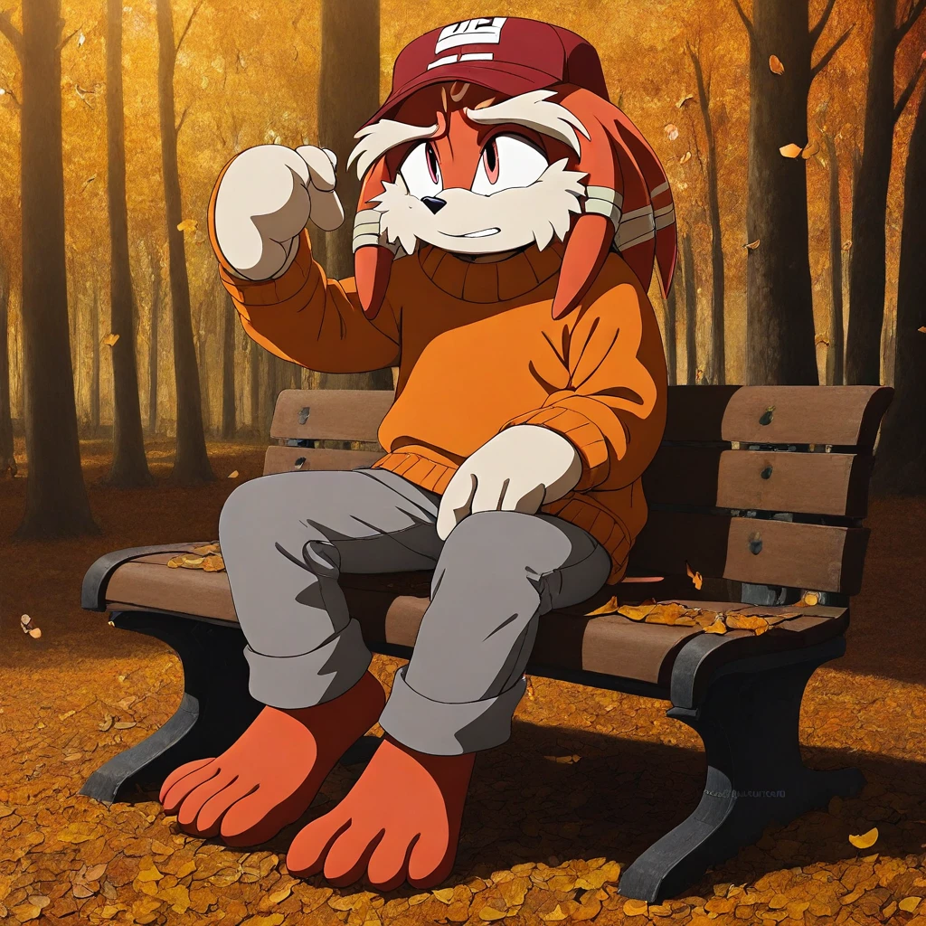 score_9, score_8_up, score_7_up, (best quality), ultra-detailed, high resolution, 8k, Pachacamac, elderly furry male, anthro echidna, 2d, animated, illustration, comic book style, full body, outside, forest, autumn, falling leaves, red cap, orange sweater, gray pants, barefoot, nice furry feet,, sitting on bench