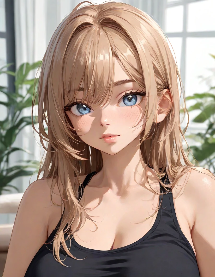 1girl, solo, portrait, looking at viewer, black shirt, plain light blue background ,(masterpiece:1.2), (best quality:1.2), (very aesthetic:1.2), (absurdres:1.2), (detailed background),newest, perfect anatomy,radisch