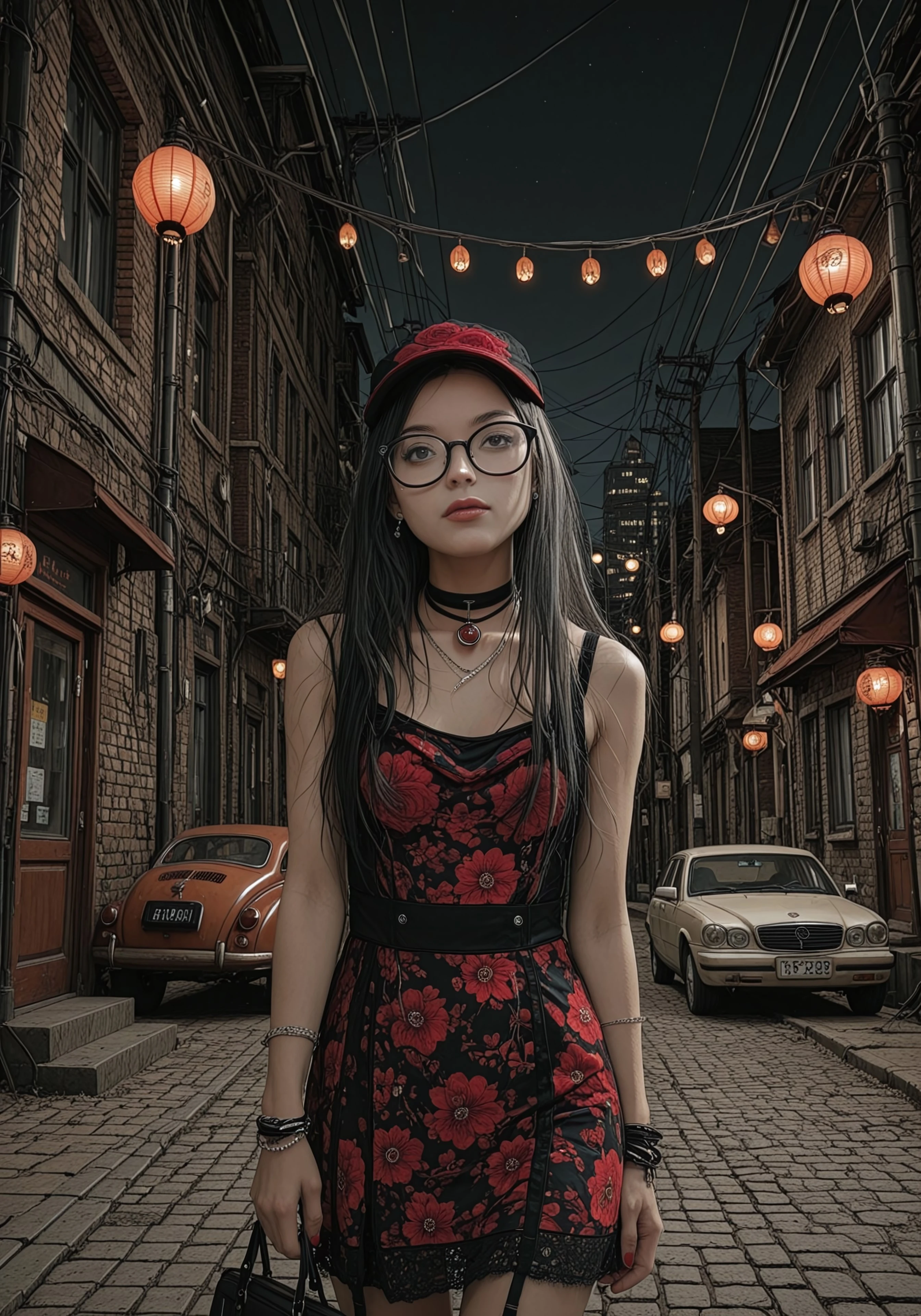 (((ultra detailed, masterpiece, high quality, )))
,
((( Nicialmb2, outdoors, scenery, building, night, dark, road, street, alley, city,))
,
((( Window, lamppost, lantern, ground vehicle, motor vehicle, car, power lines, )))
,
((( Rosalinmb2, long hair, black hair, glasses, jewelry, choker, hat, floral print)))
,
((( 1girl, solo, posing, head tilt)))
,
((( )))
,
((( )))
,
((( )))
