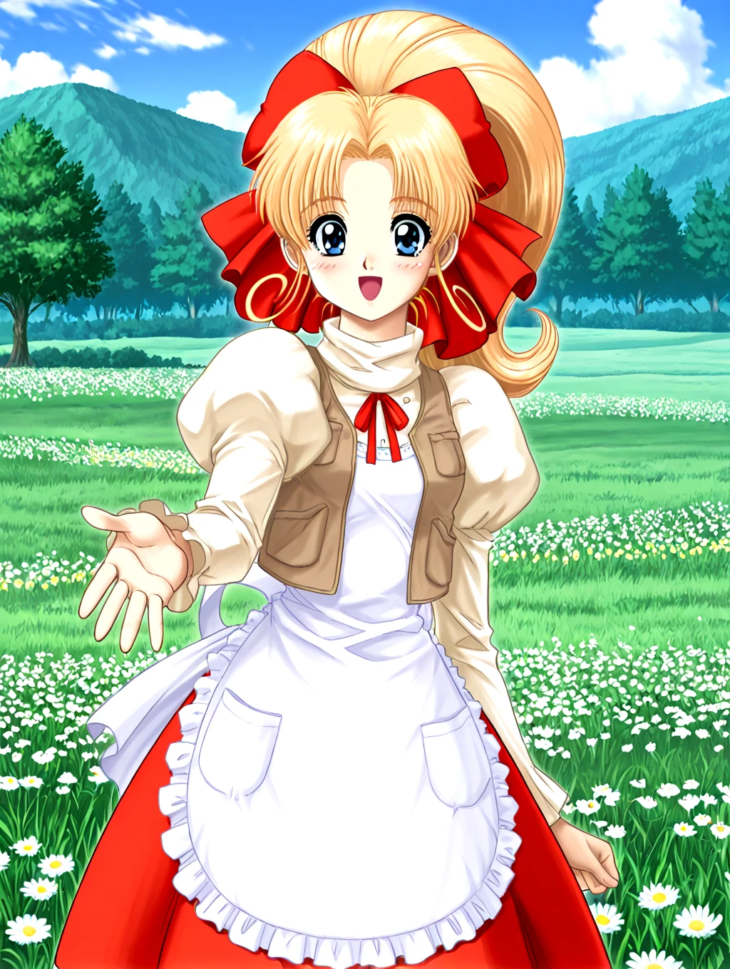 <lora:IL-D2-KURISUTA:1>,KURISUTA,blue eyes,blonde,ponytail,long hair,curly hair beside ears,bow,ribbon,white lace trim apron,hair ribbon,vest,hair bow,juliet sleeves,dress skirt,1990s \(style\), 
outdoors,grasslands,floating leafs,flower,sky,cloud,day,tree,
looking at viewer,reaching towards viewer,blush,smile,open mouth,