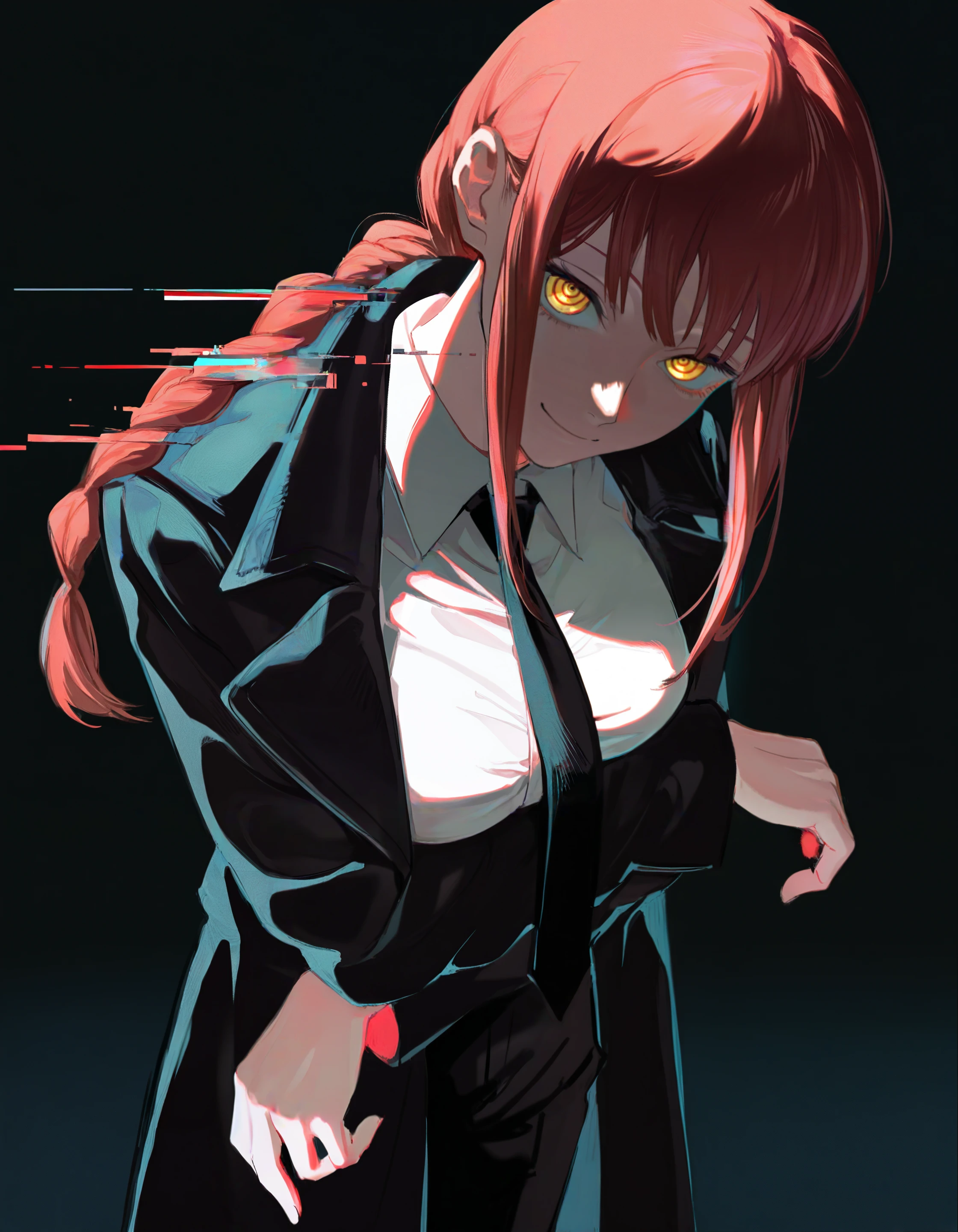 4t131225, masterpiece, best quality, highres, very awa, very aesthetic, 1girl, makima \(chainsaw man\), arm under breasts, black coat, black necktie, braided ponytail, yellow eyes, looking at viewer, smile, ringed eyes, standing, black background, medium breasts, dark theme, glitch, red light,