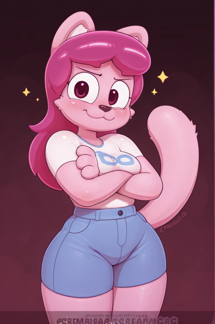 masterpiece, best quality, amazing quality, <lora:CreamGag_Style:0.8> creamgag, grace, pink fur, pink hair, cat girl, cat ears, cat tail, animal nose, :3, looking at viewer, smile, cowboy shot