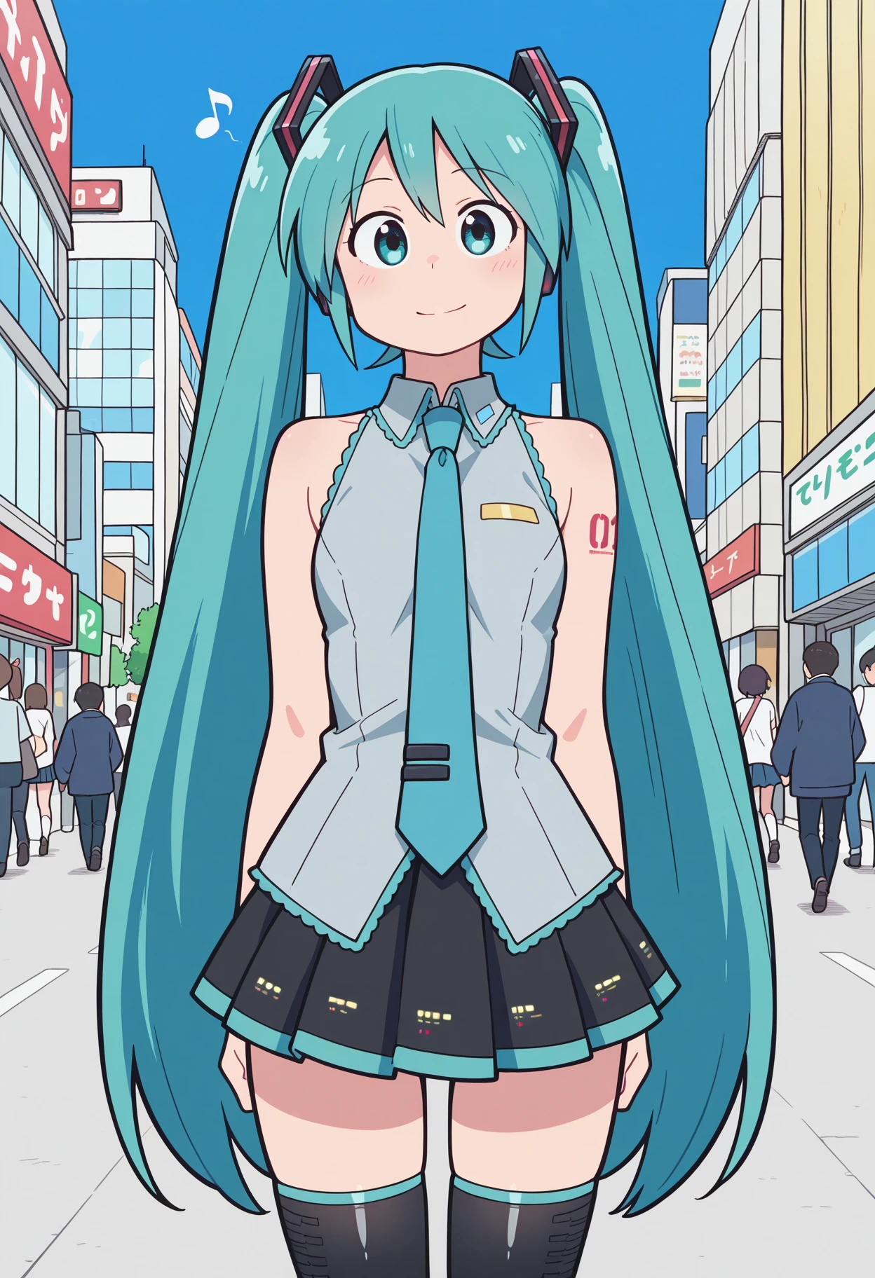 masterpiece, best quality,  absurdres, highres, 1girl,  <lora:city_the_animation_style:1>, city_style, cartoonized, hatsune miku, vocaloid, long hair, aqua hair, aqua eyes, long twintails, hair ornament,  sleeveless shirt, necktie, miniskirt, pleated skirt, black thigh boots, standing, looking at viewer, light smile, musical note, cowboy shot, outdoors, blue sky, city, tokyo \(city\), building, [people | blurry background | walking people:0.4]