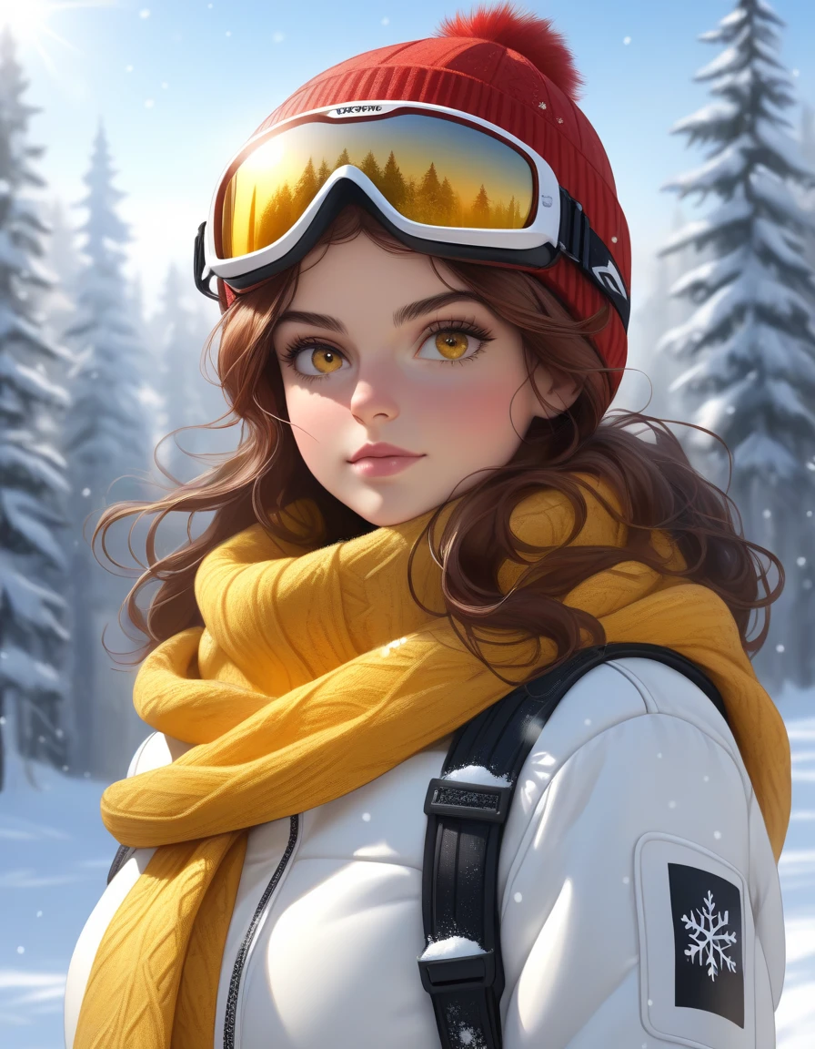 Ultra-realistic close-up portrait of a woman dressed for winter, featuring a vibrant red winter cap, reflective ski goggles, a cozy yellow scarf, and a white cushioned jacket. Snowflakes gently fall around her, adding a dynamic touch to the scene. In the background, a serene snow-covered forest stretches out, with a mix of bare trees and lush evergreens. The scene is illuminated by soft, diffused daylight, highlighting the textures and details of her attire and the surrounding snowy landscape. radisch