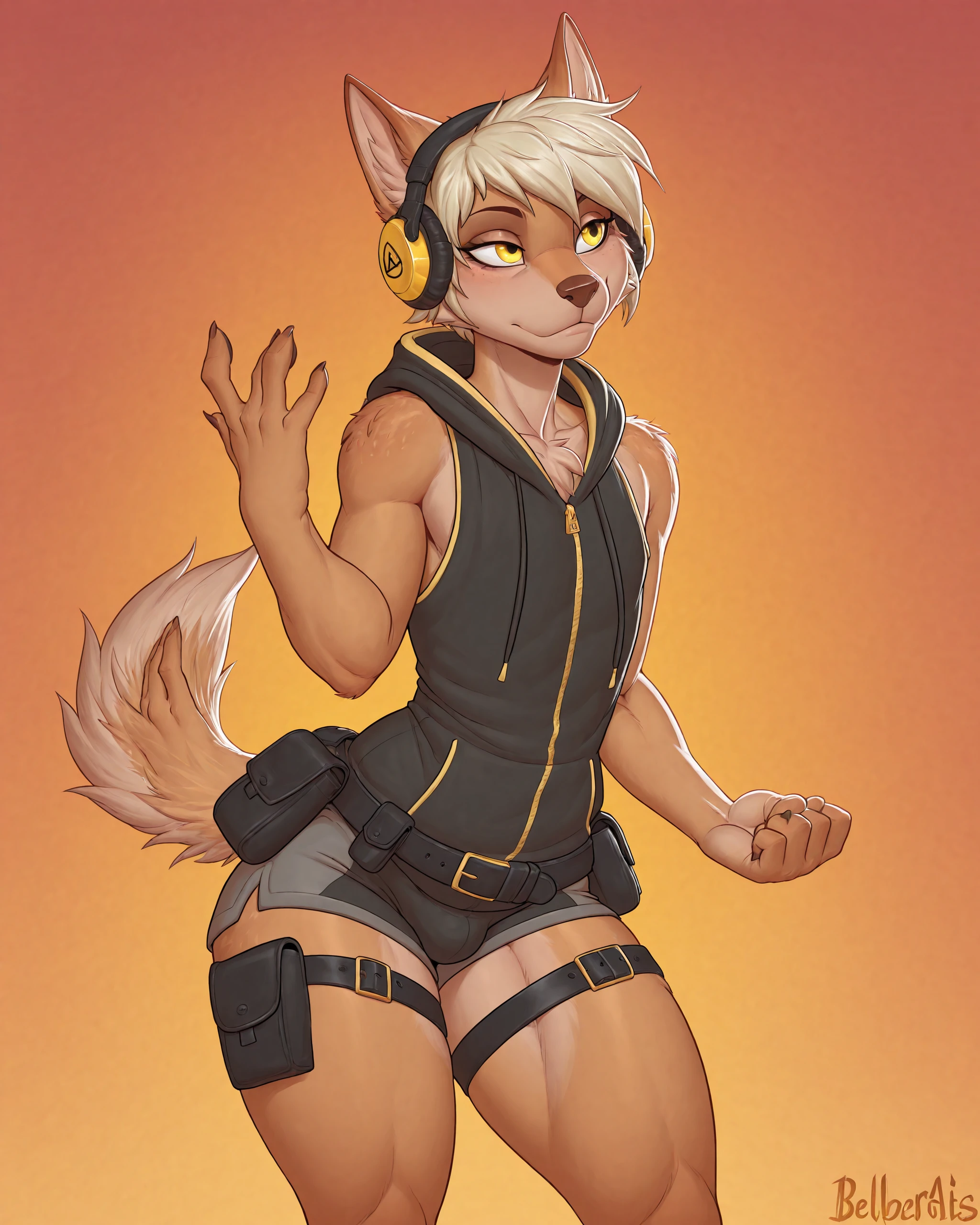 furry male, otoko no ko, animal ears, snout, 1boy, short hair
coyote femboy, dusty tan fur, keen yellow eyes, narrow hips, relaxed stance, tousled short hair,
sleeveless hoodie with thigh harness, pouch belt, and headphones,
 <lora:[Bell-Bell] Artist Style Illustrious:1>, bellbellasartiststyleil,