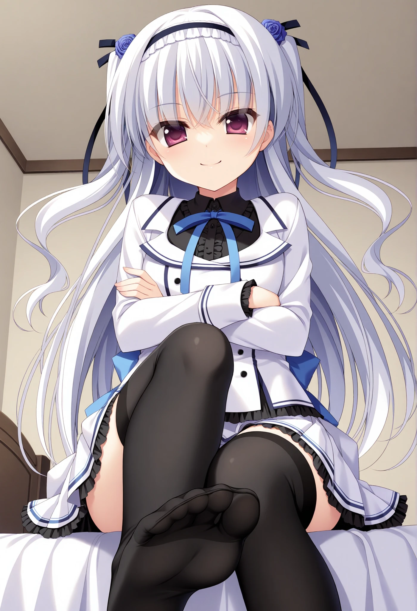 an anime girl, white skin with straight white hair down to the waist, with red eyes, small chest, in a school uniform consisting of a white shirt and on top of that a white jacket with gold fastened leaving the top two buttons undone and a blue bow tied around the collar of the shirt, black thigh high stockings ,a blue skirt, Brown shoes, with a shy smile, sitting on her bed with pink sheets ,the grey back wall and a window .