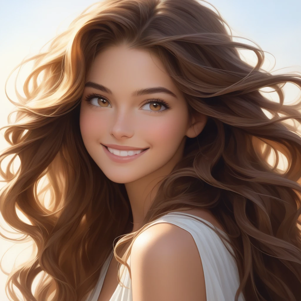 A natural, realistic portrait of a smiling woman with long, flowing hair cascading gently over her shoulders. The clean, white background emphasizes her radiant features, while soft, diffused lighting highlights the subtle details of her expression. Her genuine smile and warm, relaxed demeanor convey a sense of simplicity and elegance. The portrait’s focus on fine detail and balance enhances the realistic beauty of the subject, creating an inviting and approachable mood. radisch