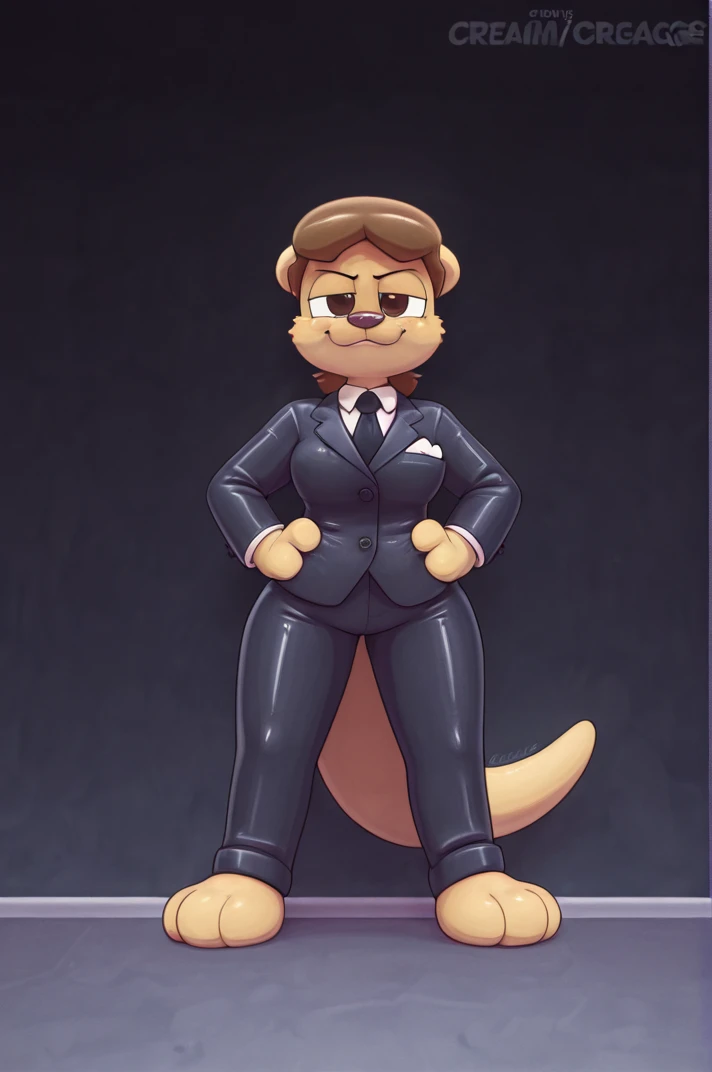 masterpiece, best quality, amazing quality, furry, anthro, full body image, <lora:CreamGag_Style:0.8> creamgag, 1girl, Otter, otter tail, looking at viewer, formal suit,
