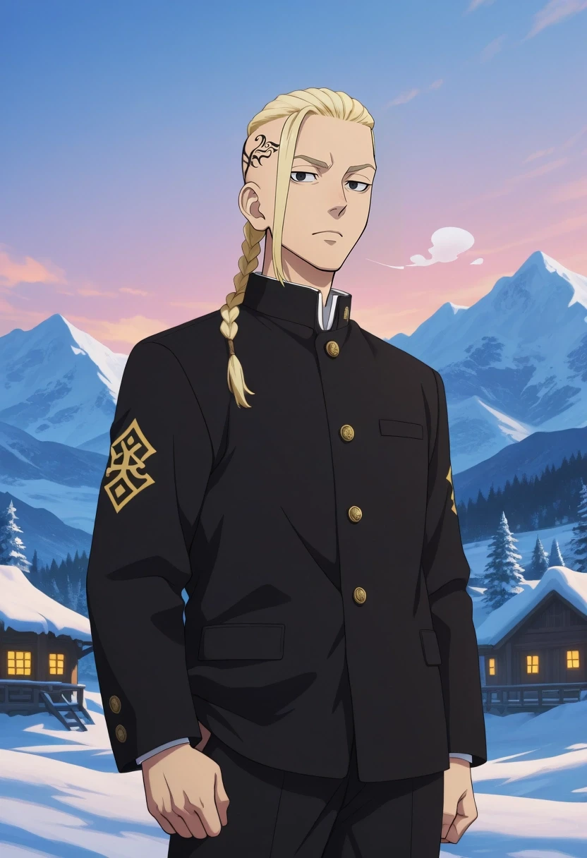 masterpiece, best quality, amazing quality, very aesthetic, high resolution, ultra-detailed, absurdres, newest, colorful, highest detailed, very awa, anime screencap, official style, anime coloring, cowboy shot, looking at viewer, 1boy, solo, male focus, <lora:ken_ryuuguuji_ilxl:0.9>, ken_ryuuguuji, blonde hair, black eyes, braid, single braid, braided ponytail, tattoo, long hair, black jacket, gakuran, meditating, calm expression, snowy mountain peak, warm winter clothing, crisp morning light, panoramic shot, pristine snow, icy winds, distant villages, tranquil, stark, detailed snowdrifts, sharp focus, vibrant sky, clear air