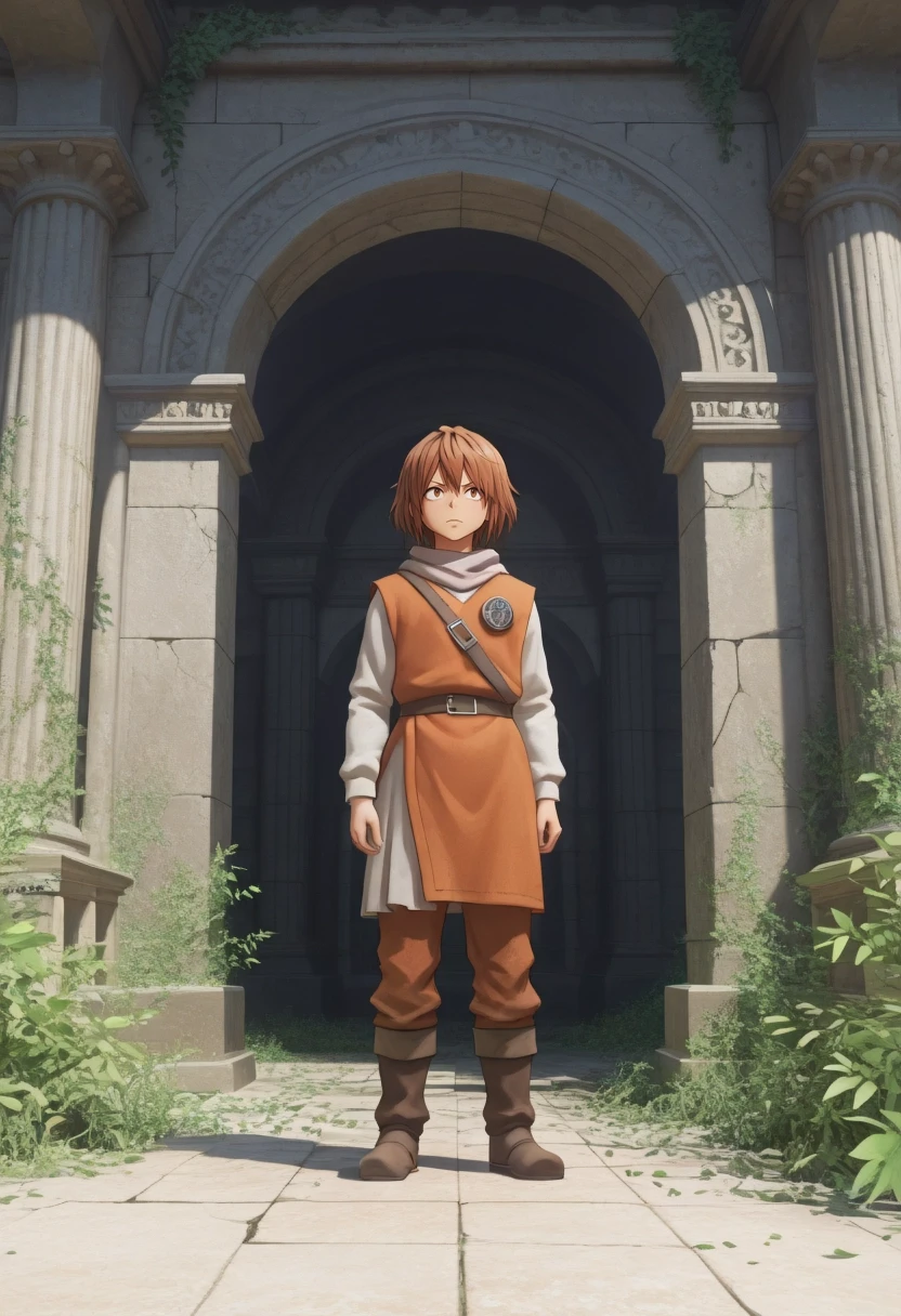 masterpiece, best quality, amazing quality, very aesthetic, high resolution, ultra-detailed, absurdres, newest, colorful, highest detailed, very awa, 3d, 1boy, solo, male focus, <lora:pokkle_hxh_ilxl:0.96>, pokkle_hxh, brown hair, brown eyes, short hair, , , standing still, observant expression, Roman coliseum ruins, toga-inspired wrap, crumbling arches, early morning light, drifting leaves \(background\), high resolution stone texture, warm ochre tones, marble columns, cinematic framing, 8k realism, ancient history vibe, atmospheric ruin setting