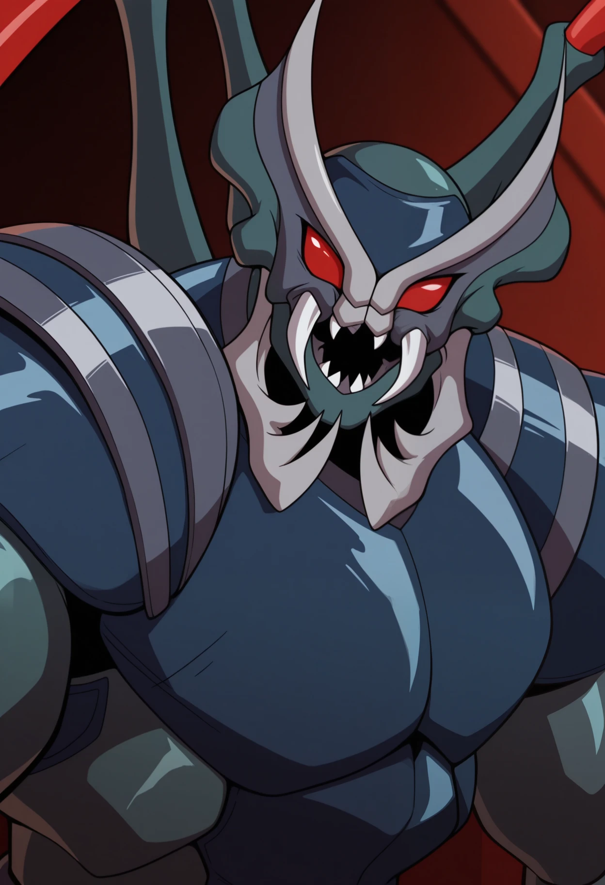 masterpiece,best quality,amazing quality, 1boy, solo, 0du-b4th4x, bug, colored sclera, no pupils, pauldron, breastplate, close up, side angle, looking at viewer, smirk,