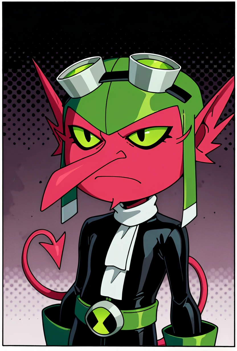 <lora:juryrigg-10:1> juryrigg, red skin, 1boy, green eyes, goggles, goggles on head, demon tail, green gloves, white scarf, black , green belt, , long nose, masterpiece, best quality, amazing quality, very aesthetic, absurdres, newest,, upper body, halftone effect, white borders, abstract background:1.2,