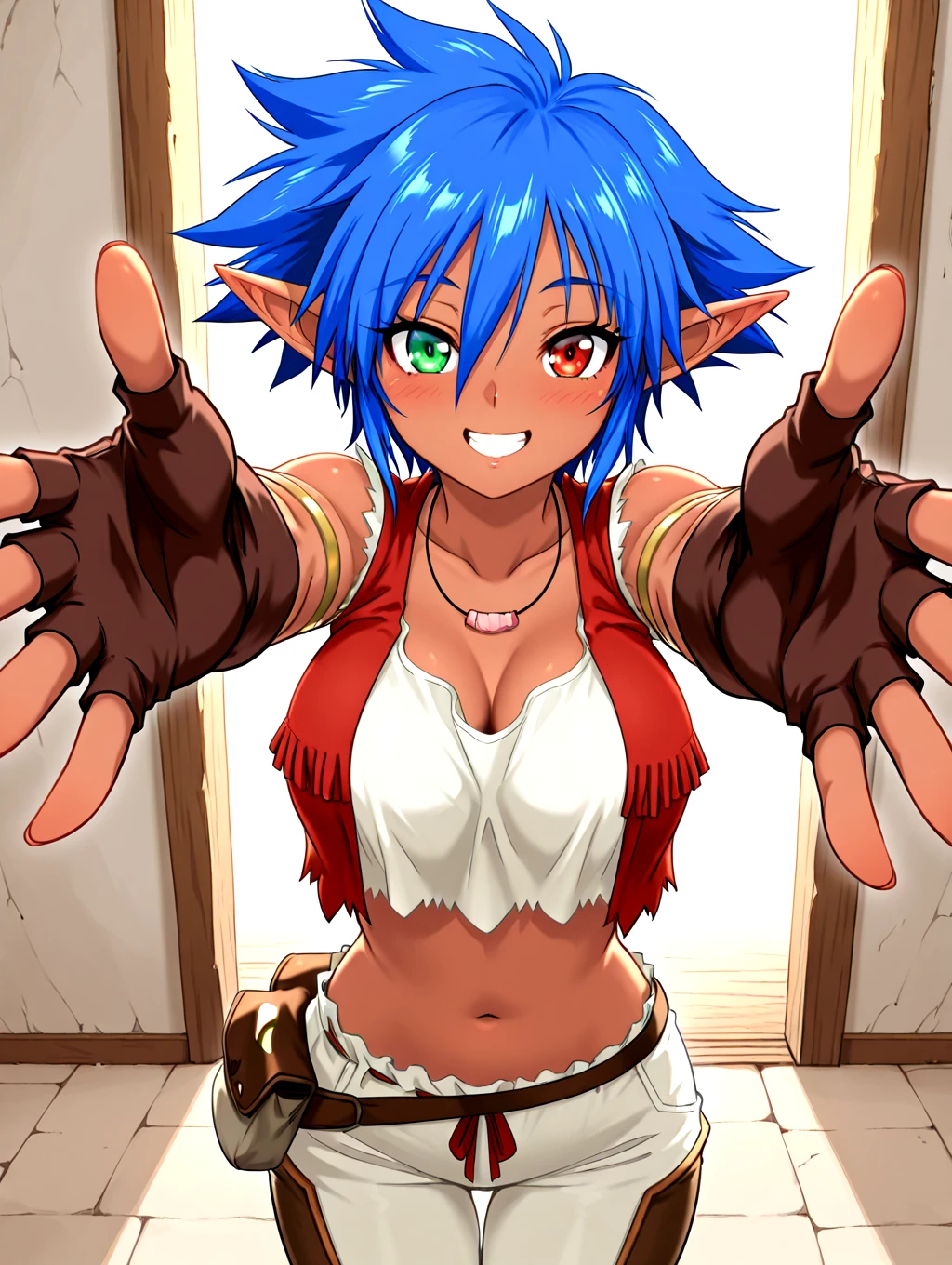 <lora:incoming-hug-illustriousxl-lora-nochekaiser:1>,,incoming hug,looking at viewer,reaching,reacing towards viewer,outstretched arms,smile,blush,cowboy shot,
<lora:IL-D2-ERENA:1>,D2-ERENA,1girl,solo,short hair,elf,blue hair,dark skin,pointy ears,green eyes,heterochromia,red eyes,spiked hair,navel,brown fingerless gloves,midriff,red vest,necklace,jewelry,belt,pants,leggings,boots,
open mouth,grin,