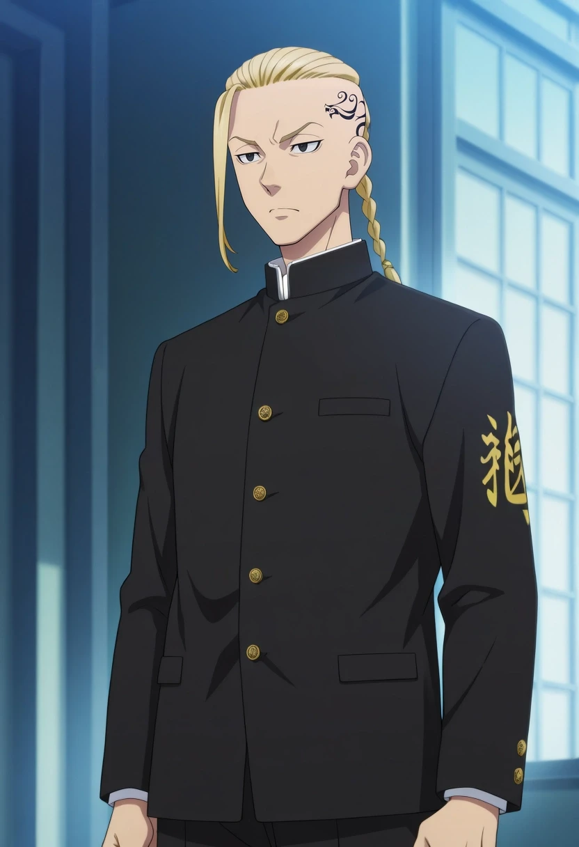masterpiece, best quality, amazing quality, very aesthetic, high resolution, ultra-detailed, absurdres, newest, colorful, highest detailed, very awa, anime screencap, official style, anime coloring, cowboy shot, , 1boy, solo, male focus, <lora:ken_ryuuguuji_ilxl:0.96>, ken_ryuuguuji, blonde hair, black eyes, braid, single braid, braided ponytail, tattoo, long hair, black jacket, gakuran,