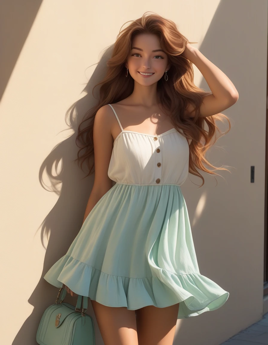 A sunlit street scene featuring a young woman with long chestnut hair wearing a flowing white sundress with thin straps and a ruffled hem. She leans slightly as she runs her fingers through her hair, smiling softly under the afternoon sun. A large varsity-style jacket in blue and cream drapes off her shoulders, and a mint green corduroy crossbody bag rests against her torso. The warm beige stucco wall behind her casts gentle shadows, evoking a laid-back, summery urban vibe. Shot at mid-length from a frontal angle, realistic lighting highlights her natural features and the textures of her outfit. radisch