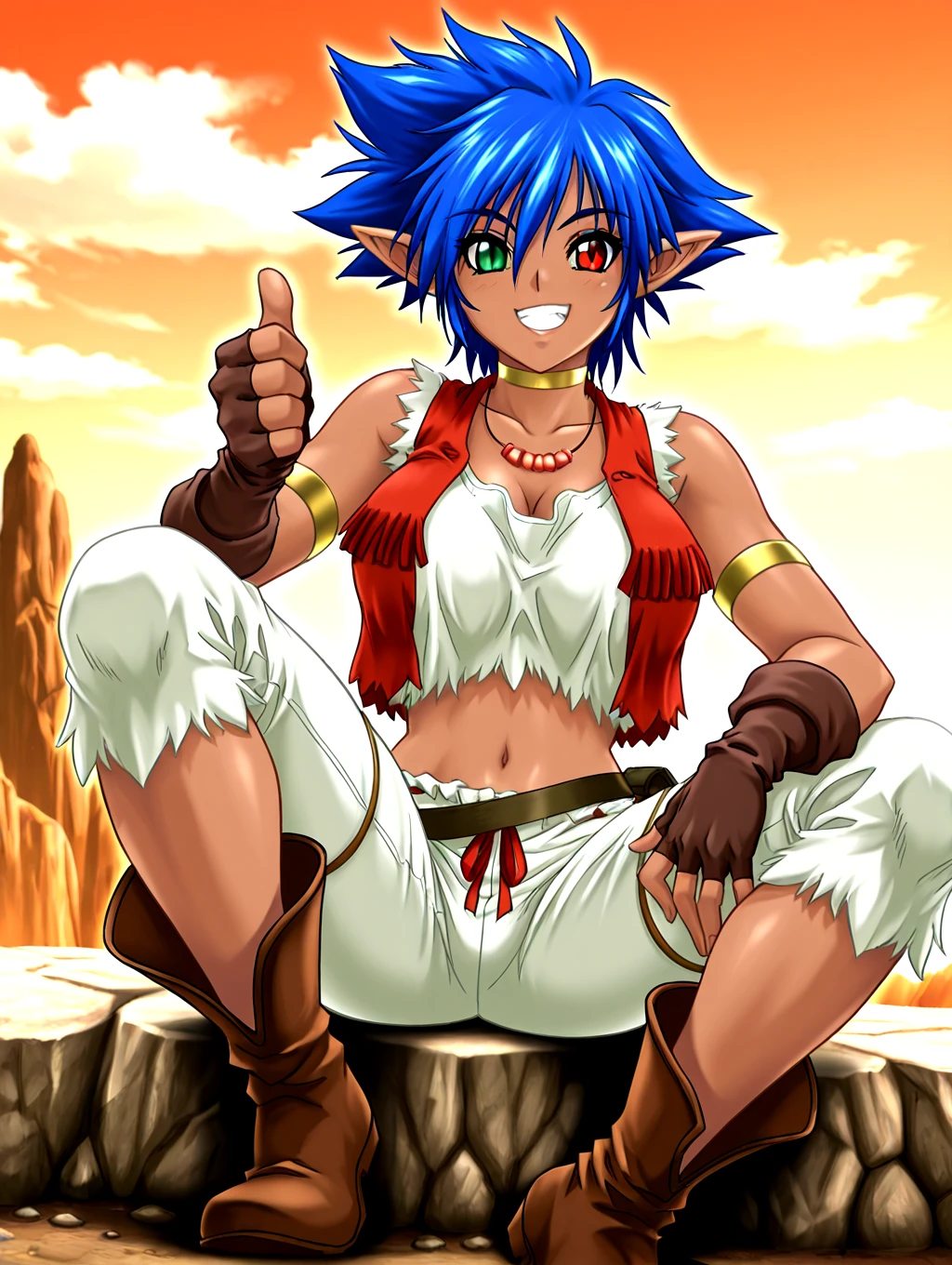 <lora:IL-D2-ERENA:1>,D2-ERENA,1girl,solo,short hair,elf,blue hair,dark skin,pointy ears,green eyes,heterochromia,red eyes,spiked hair,navel,brown fingerless gloves,midriff,red vest,necklace,jewelry,belt,pants,leggings,boots,
day,sitting,sky,cloud,open mouth,looking at viewer,
grin,shiny,thumbs up,