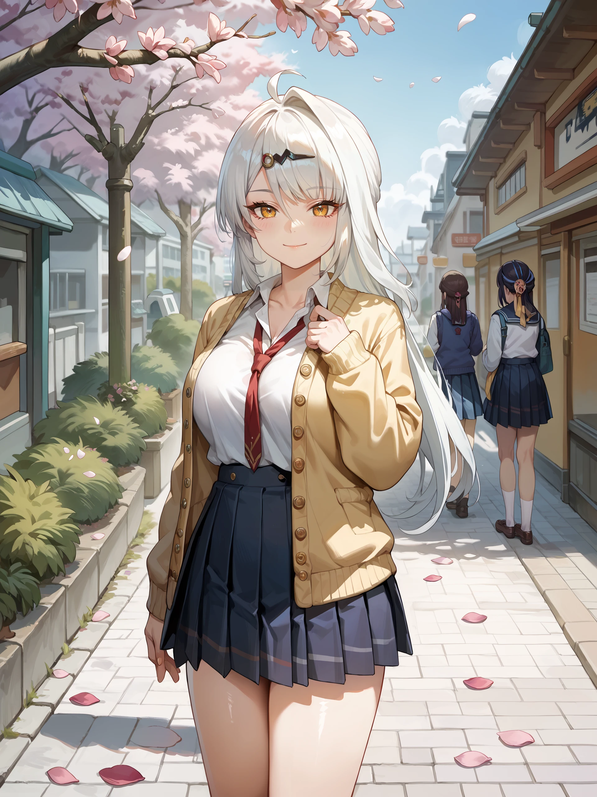 score_9, score_8_up, score_7_up, source_anime, ray tracing, best quality, <lora:Char-ZZZ-Yixuan-V1-Pony:0.9:hr=0.6>, 1girl, solo, yixuan \(zenless zone zero\), solo, school uniform, white shirt, sweater, pleated skirt, light smile, looking at viewer, outdoors, street, cherry blossoms, petals, depth of field