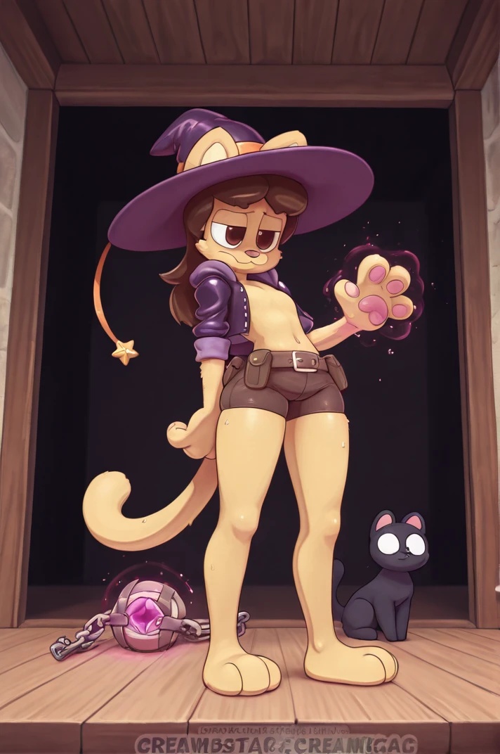 masterpiece, best quality, amazing quality, furry, full body image, <lora:CreamGag_Style:0.8> girl, creamgag, very awa, highres, absurdres, solo, furry, Black cat, skinny, petite, cat paws, tail, cat ears, bare feet, witch hat, brown short, roll out shorts, jacket, utility belt, indoors, magic castl