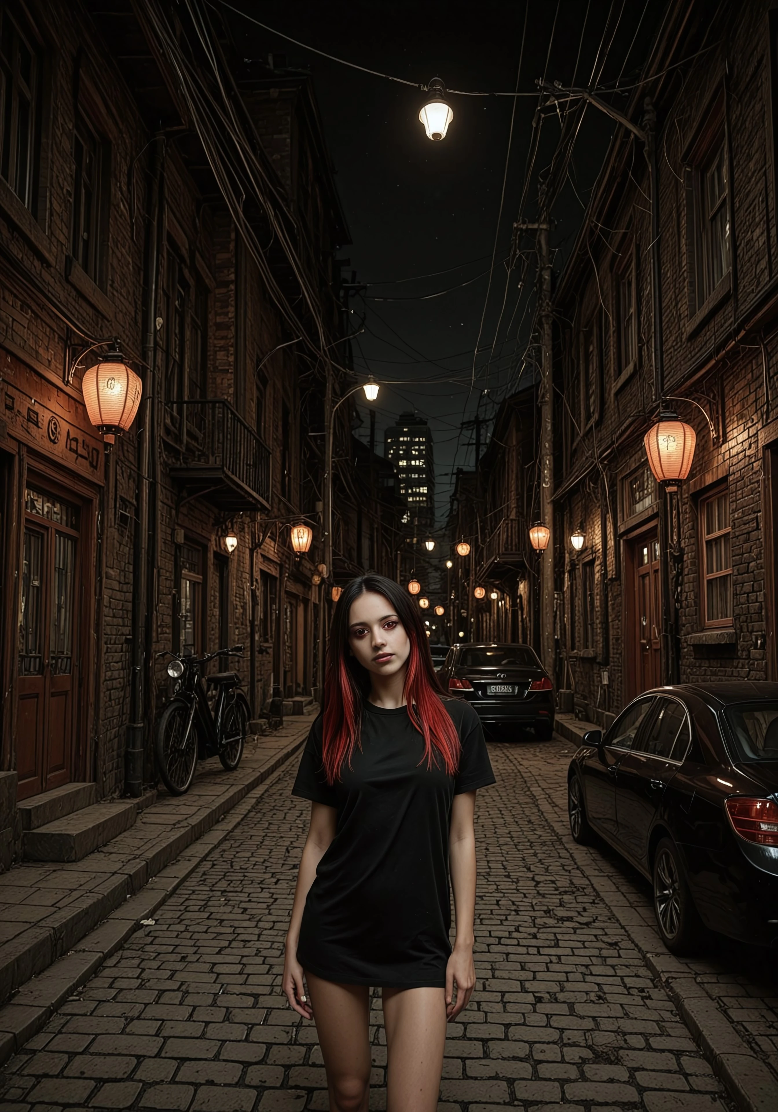 (((ultra detailed, masterpiece, high quality,  )))
, 
((( Nicialmb2, outdoors, scenery, building, night, dark, road, street, alley, city,))
,
((( Window, lamppost, lantern, ground vehicle, motor vehicle, car, power lines, )))
,
((( Adatelmb2, Red eyes, two-tone hair, Shirt, black shirt,  Multicolored hair, black hair, red hair, red streaks,)))
,
((( 1girl, solo, posing, head tilt)))
,
((( )))
,
((( )))
,
((( )))