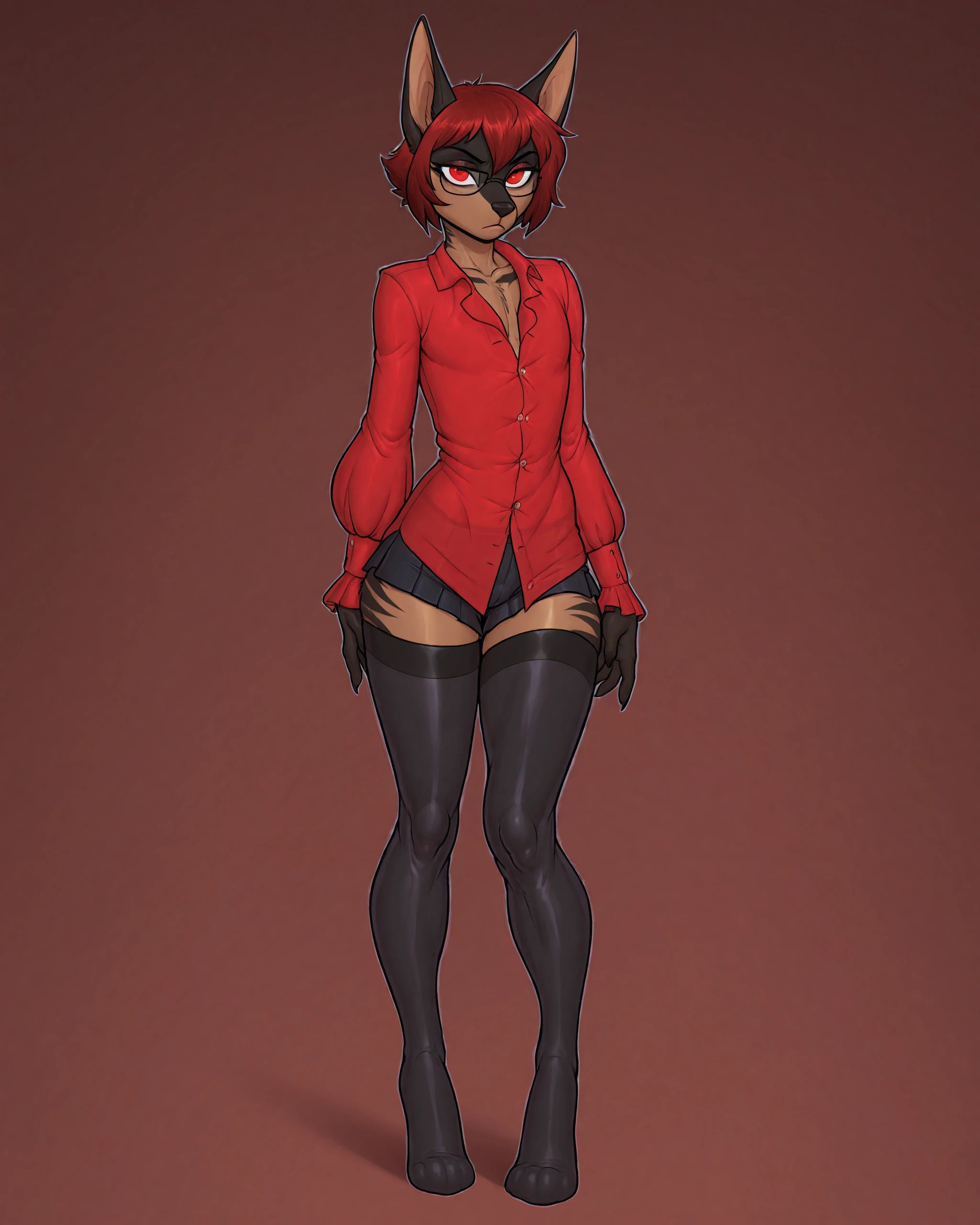 furry male, otoko no ko, animal ears, snout, 1boy, short hair
jackal femboy, dark tan and black markings, long legs, intense stare, faded red eyes, slick short hair,
satin blouse with undone buttons, pleated shorts, stockings, and glasses,
 <lora:[Bell-Bell] Artist Style Illustrious:1>, bellbellasartiststyleil,