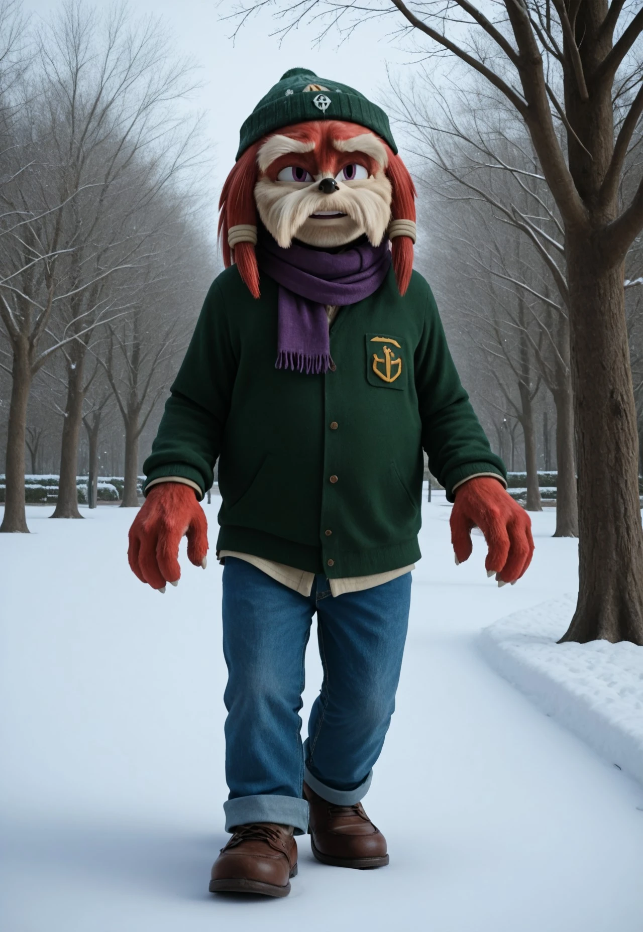 score_9, score_8_up, score_7_up, (best quality), ultra-detailed, high resolution, 8k, Pachacamac, elderly furry male, anthro echidna, mustache, solo, 1boy, 3d, cgi, photorealistic, full body, outside, park, winter, snow, green beanie, purple scarf, green sweatshirt, jeans, brown shoes, walking