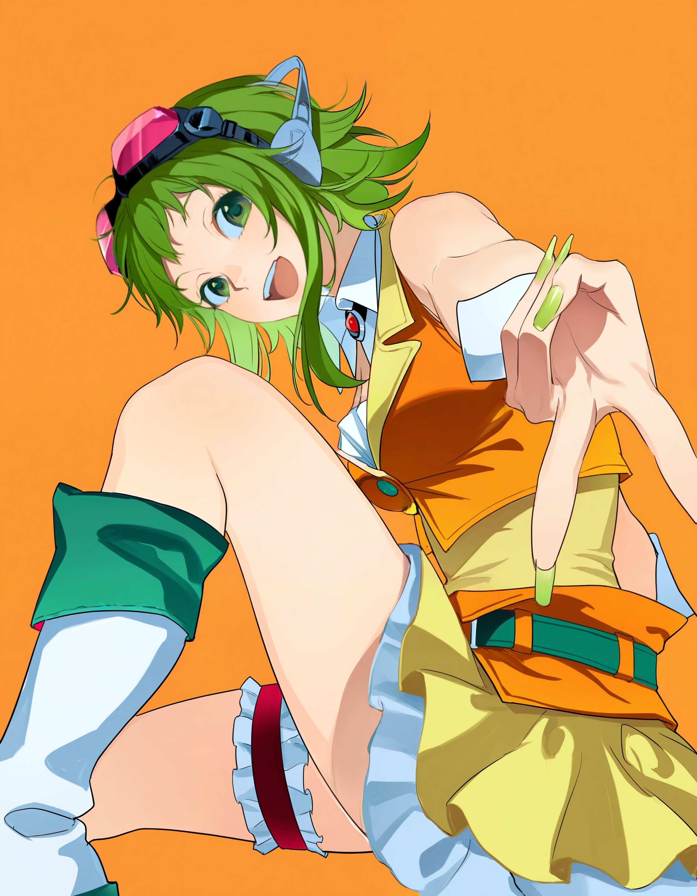 4t131225, masterpiece, best quality, highres, very awa, very aesthetic, 1girl, gumi, broch, cowboy shot, sitting, boots, goggles on head, head tilt, v, long fingernails green fingernails, orange background, knee up, from side, from below, :d, green hair, skirt, white boots, wrist cuffs, gyaru v