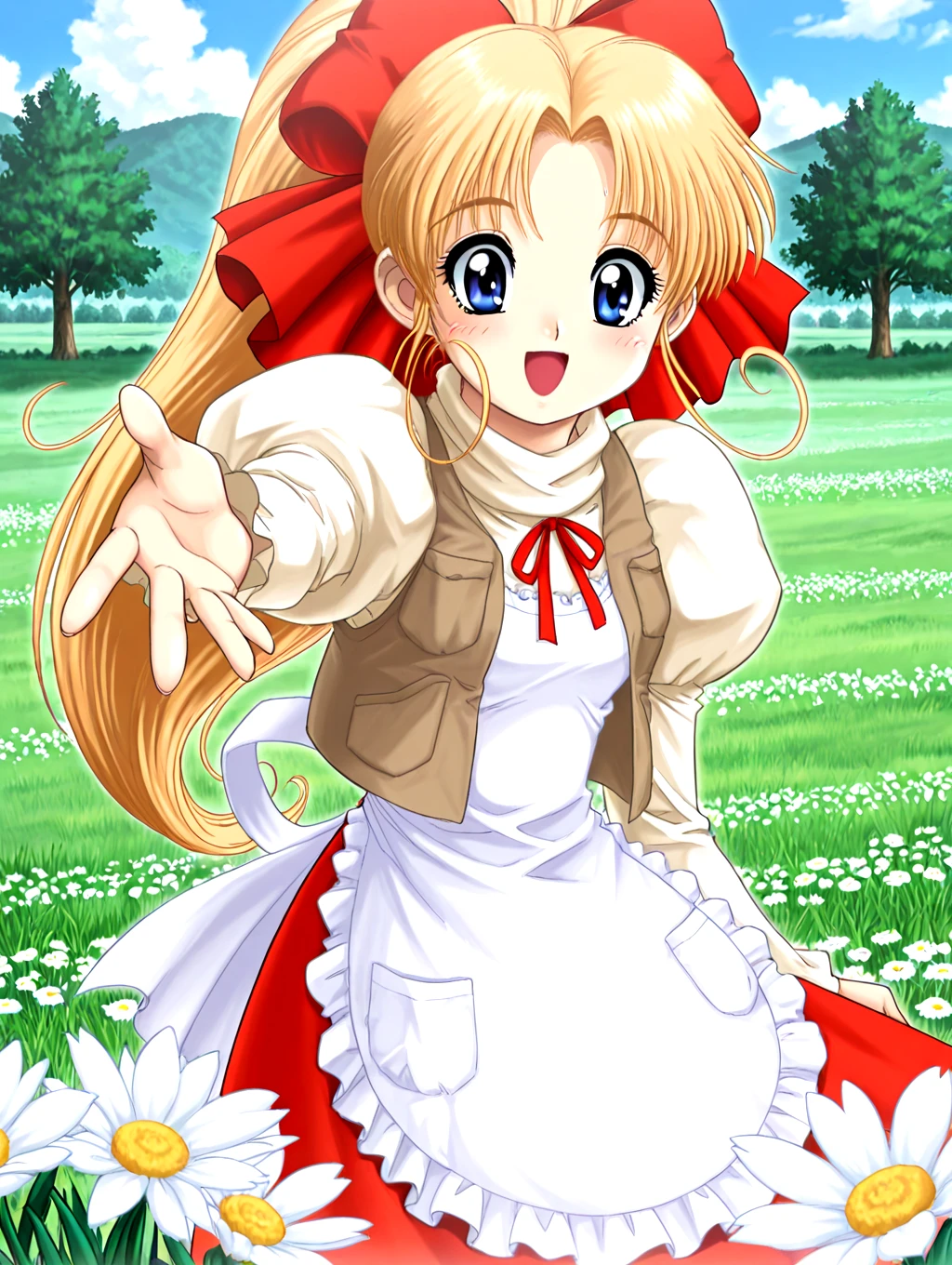 <lora:IL-D2-KURISUTA:1>,KURISUTA,1girl,blue eyes,solo,blonde hair,ponytail,hair bow,long hair,apron,dress skirt,hair ribbon,vest,ribbon,juliet sleeves,1990s \(style\),
outdoors,grasslands,floating leafs,flower,sky,cloud,day,tree,
looking at viewer,reaching towards viewer,blush,smile,open mouth,