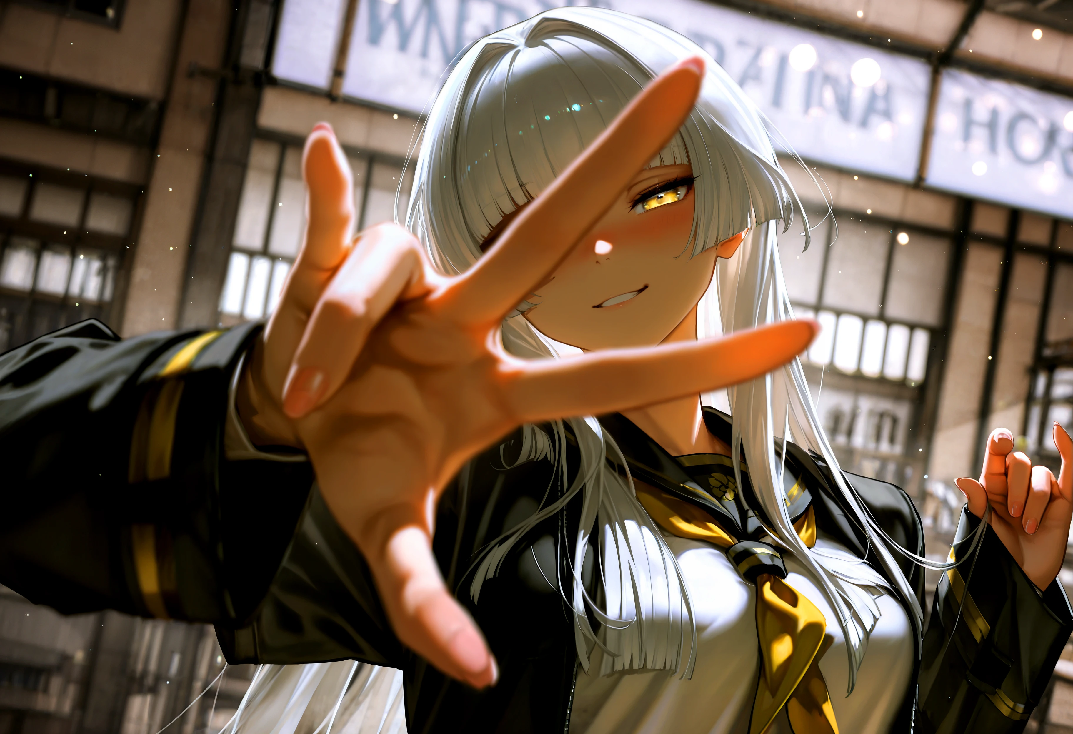 HDR, 8K, high contrast, masterpiece, best quality, newest, scenery, dynamic angle, exaggerated perspective (foreshortening), ER_Rio, 1girl, yellow eyes, white hair, hime cut, long hair, blunt bangs, large breasts, black jacket, open jacket, sleeves past wrists, school uniform, serafuku, yellow neckerchief, white shirt, confident playful expression, half closed eyes, drunk, one eye covered, fingernail polish, peace sign hand gesture with fingers spread close to camera, pinky up, outside, dust, inside, shop, partially illuminated, (backlighting), Intricately designed, Mysterious Shadows, volumetric lighting, dappled light, light particles, dramatic shadows, cinematic lighting, photo background, (depth of field:1.1), bokeh, <lora:IL\touching_grass_v0.2:0.8> <lora:IL\KMS_EternalReturn_Rio_v2_IL-000013:1>