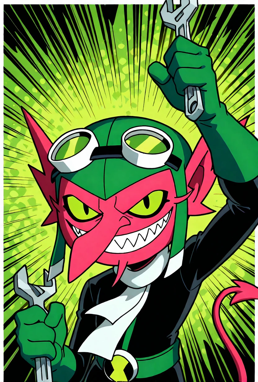 <lora:juryrigg-10:1> juryrigg, red skin, 1boy, green eyes, goggles, goggles on head, demon tail, green gloves, white scarf, black , green belt, , long nose, smile, holding wrench, green background,, pose, looking at viewer, sharp teeth, grin, angry,, masterpiece, best quality, amazing quality, very aesthetic, absurdres, newest,, upper body, halftone effect, white borders, abstract background:1.2,