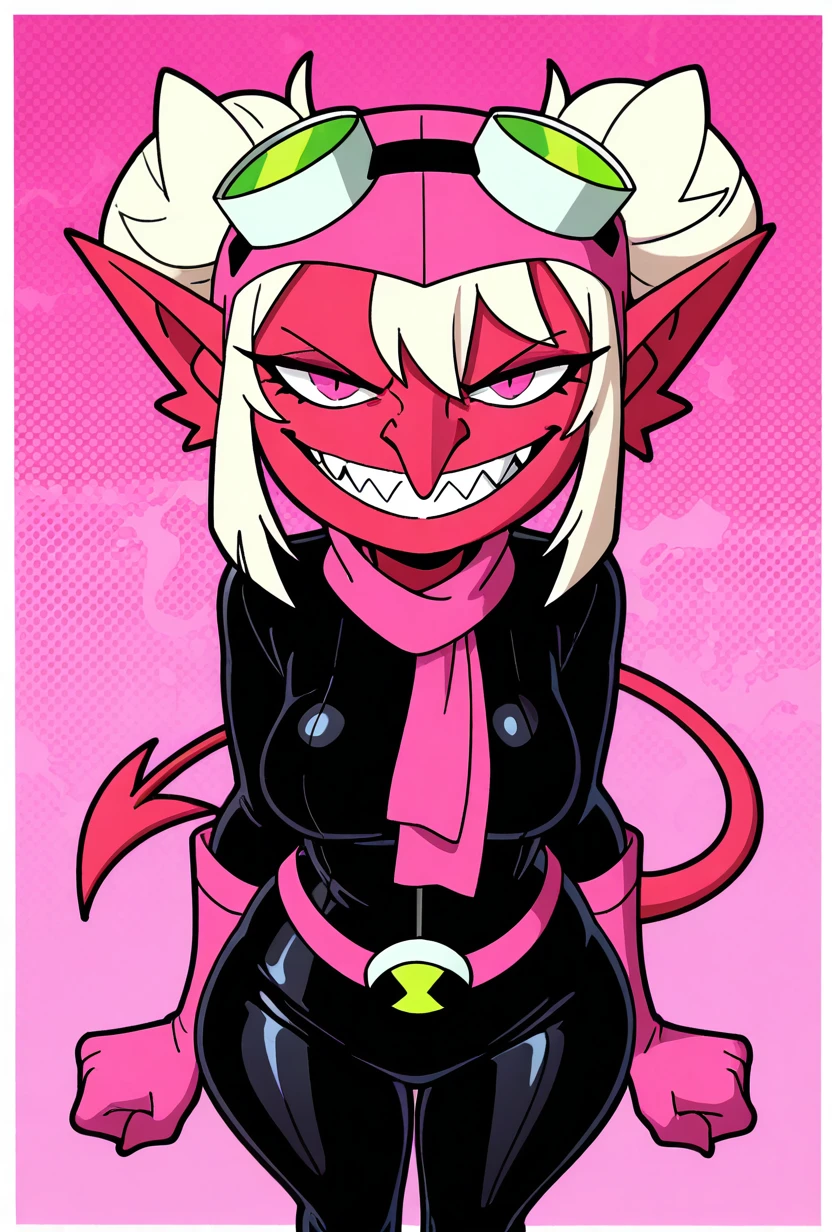 <lora:juryrigg-10:1> chaquetrix, juryrigg, red skin, 1girl, white hair, blonde hair, pink eyes, goggles, goggles on head, demon tail, pink gloves, pink scarf, black , pink belt, , pink aviator hat, pointy nose, smile, looking at viewer, sharp teeth, grin, angry, pink background,  <lora:welwraith-guy90-Illust-Lycorisv1:1> welith, curvy, masterpiece, best quality, amazing quality, very aesthetic, absurdres, newest,, upper body, halftone effect, white borders, abstract background:1.2,