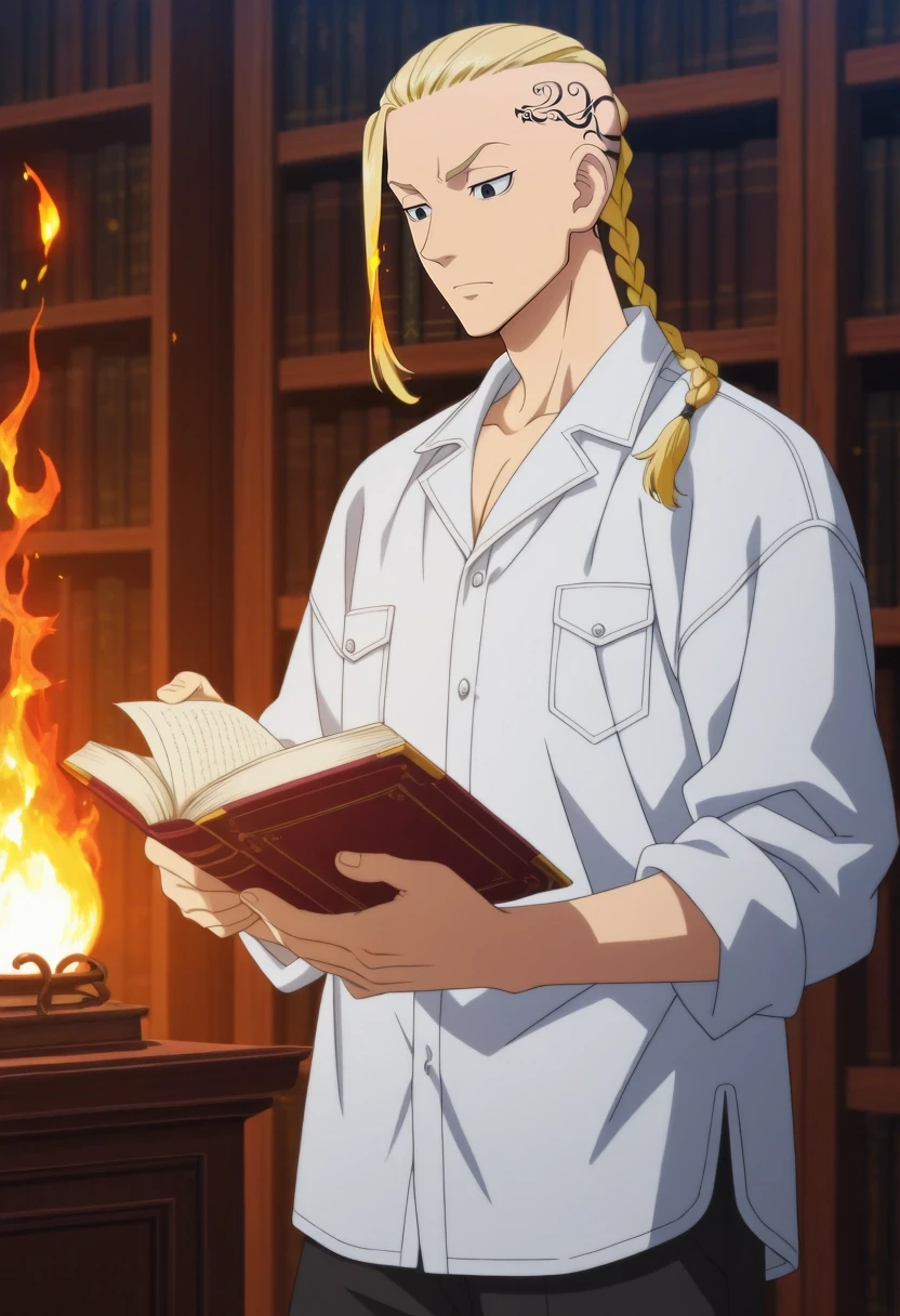 masterpiece, best quality, amazing quality, very aesthetic, high resolution, ultra-detailed, absurdres, newest, colorful, highest detailed, very awa, anime screencap, official style, anime coloring, cowboy shot, , 1boy, solo, male focus, <lora:ken_ryuuguuji_ilxl:1>, ken_ryuuguuji, blonde hair, black eyes, braid, single braid, braided ponytail, tattoo, long hair, , reading, focused expression, cozy library, comfortable clothing, warm firelight, close-up, towering bookshelves, antique books, flickering flames, inviting, intellectual, detailed bindings, sharp focus, rich colors, clear view