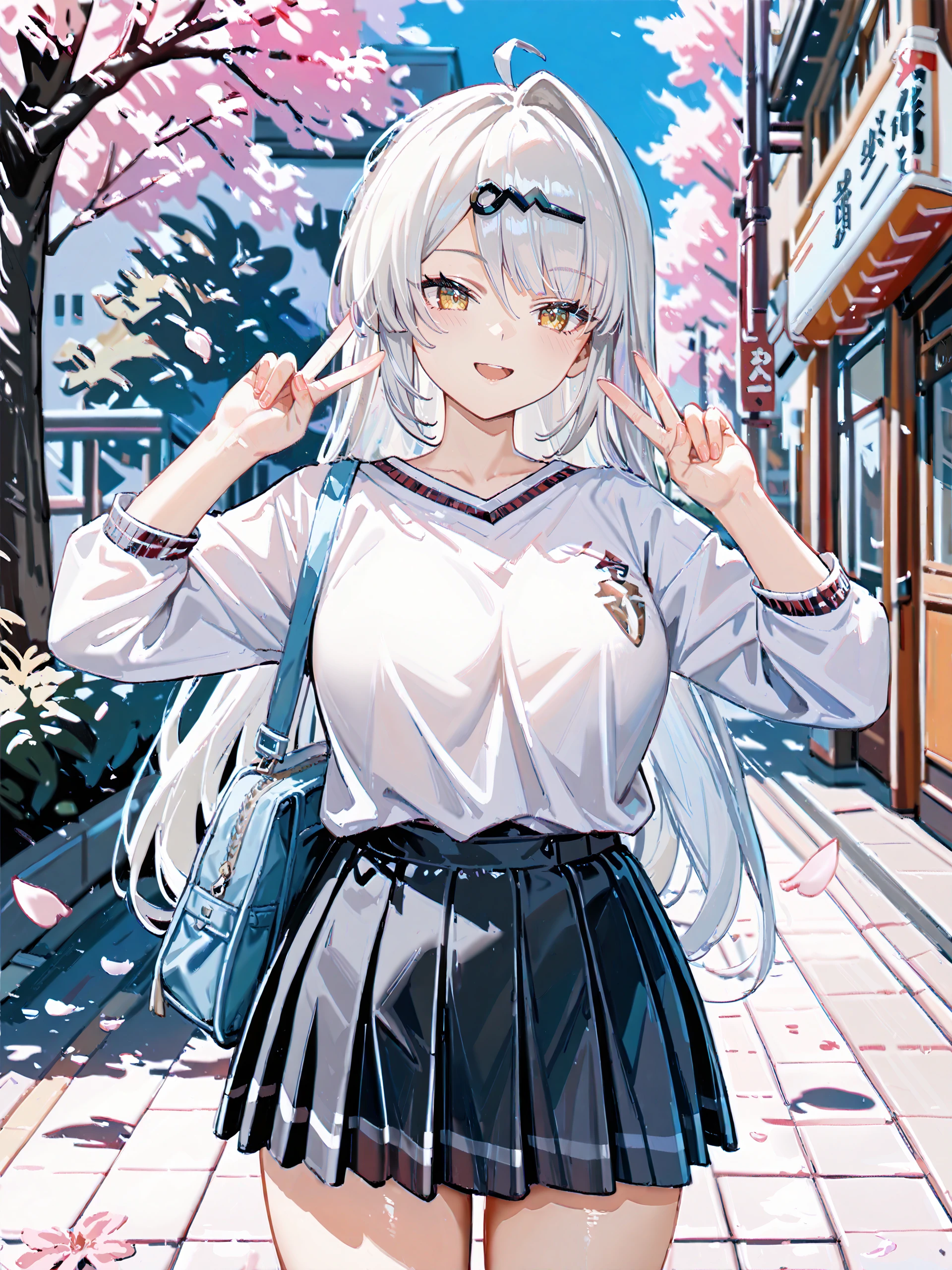 score_9, score_8_up, score_7_up, source_anime, ray tracing, best quality, <lora:Char-ZZZ-Yixuan-V1-Pony:0.9:hr=0.6>, 1girl, solo, yixuan \(zenless zone zero\), solo, school uniform, white shirt, sweater, pleated skirt, light smile, double v, looking at viewer, smile, open mouth, outdoors, street, cherry blossoms, petals, depth of field