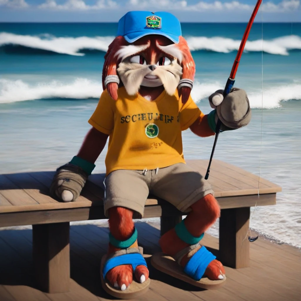 score_9, score_8_up, score_7_up, (best quality), ultra-detailed, high resolution, 8k, Pachacamac, elderly furry male, anthro echidna, 3d, cgi, photorealistic, full body, outside, sitting on pier, summer, waves, blue hat, yellow shirt, khaki shorts, sandals, holding a fishing rod