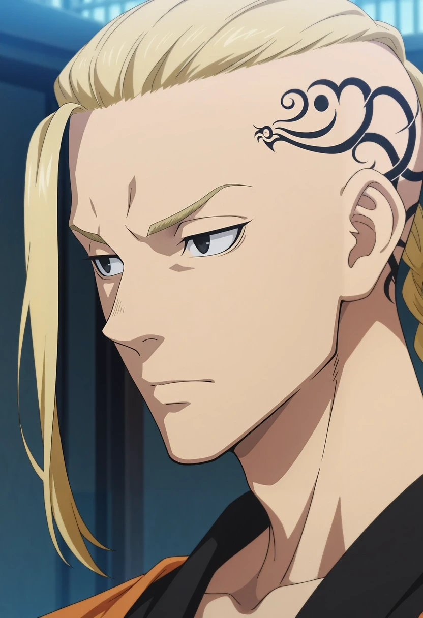 masterpiece, best quality, amazing quality, very aesthetic, high resolution, ultra-detailed, absurdres, newest, colorful, highest detailed, very awa, intricate details, anime screencap, anime coloring, official style,, 1boy, solo, male focus, <lora:ken_ryuuguuji_ilxl:0.9>, ken_ryuuguuji, blonde hair, black eyes, braid, single braid, braided ponytail, tattoo, long hair, ,
