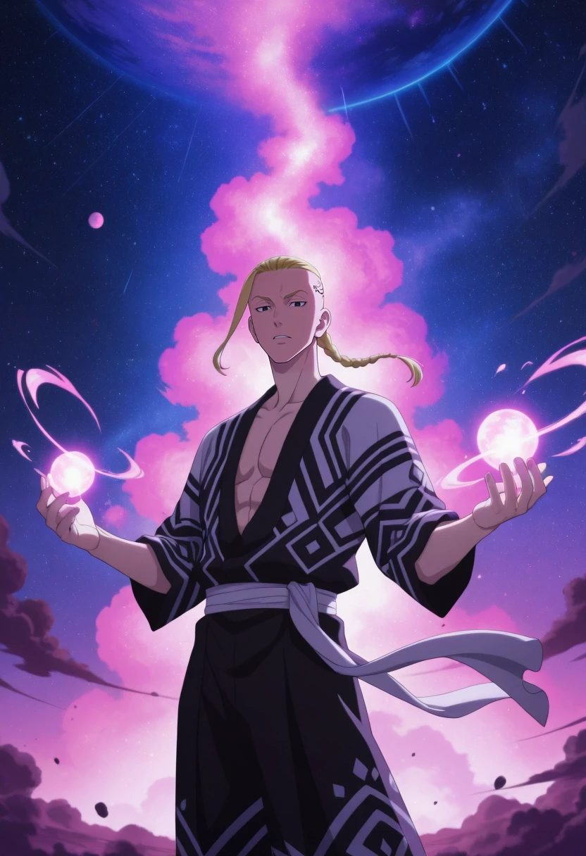 masterpiece, best quality, amazing quality, very aesthetic, high resolution, ultra-detailed, absurdres, newest, colorful, highest detailed, very awa, anime screencap, official style, anime coloring, cowboy shot, looking at viewer, 1boy, solo, male focus, <lora:ken_ryuuguuji_ilxl:1>, ken_ryuuguuji, blonde hair, black eyes, braid, single braid, braided ponytail, tattoo, long hair, , floating, graceful expression, ethereal nebula, flowing attire, glowing starlight, deep space shot, swirling gas clouds, distant planets, cosmic dust, wondrous, dreamlike, vibrant colors, sharp focus, endless void, clear view