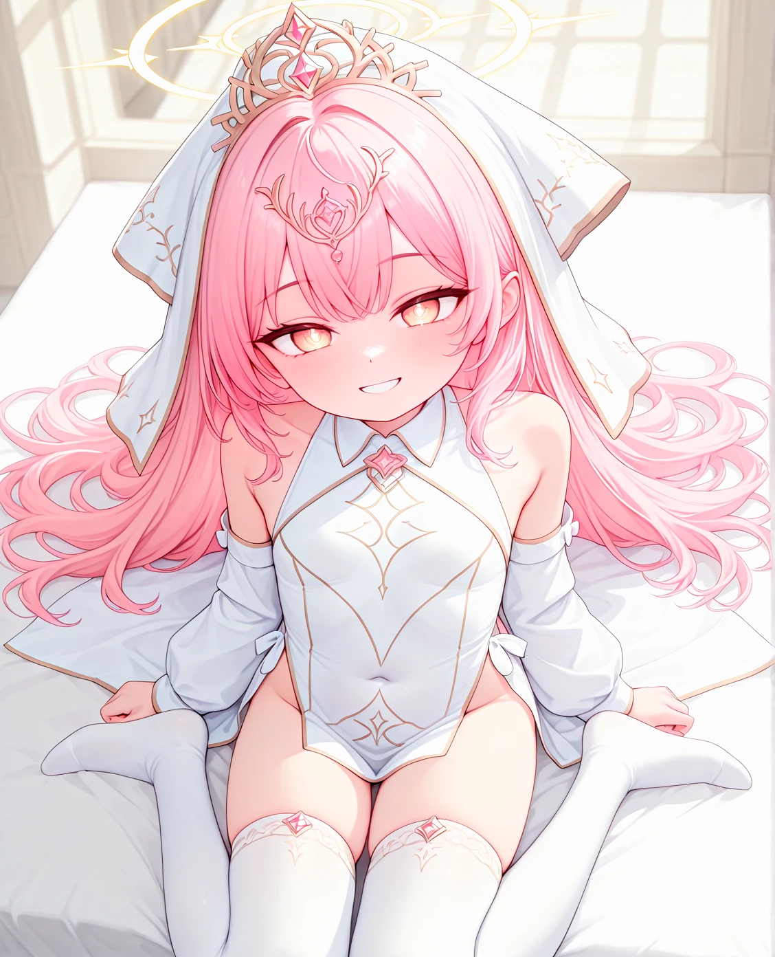 Full body view、bed、Lie down、smile、Pink Eyes、boy、Crossdresser、全naked、naked、No breasts、Skinny、male、boy、male器、testis、Gold and Jade、Chin chin、penis、penisが生えている、