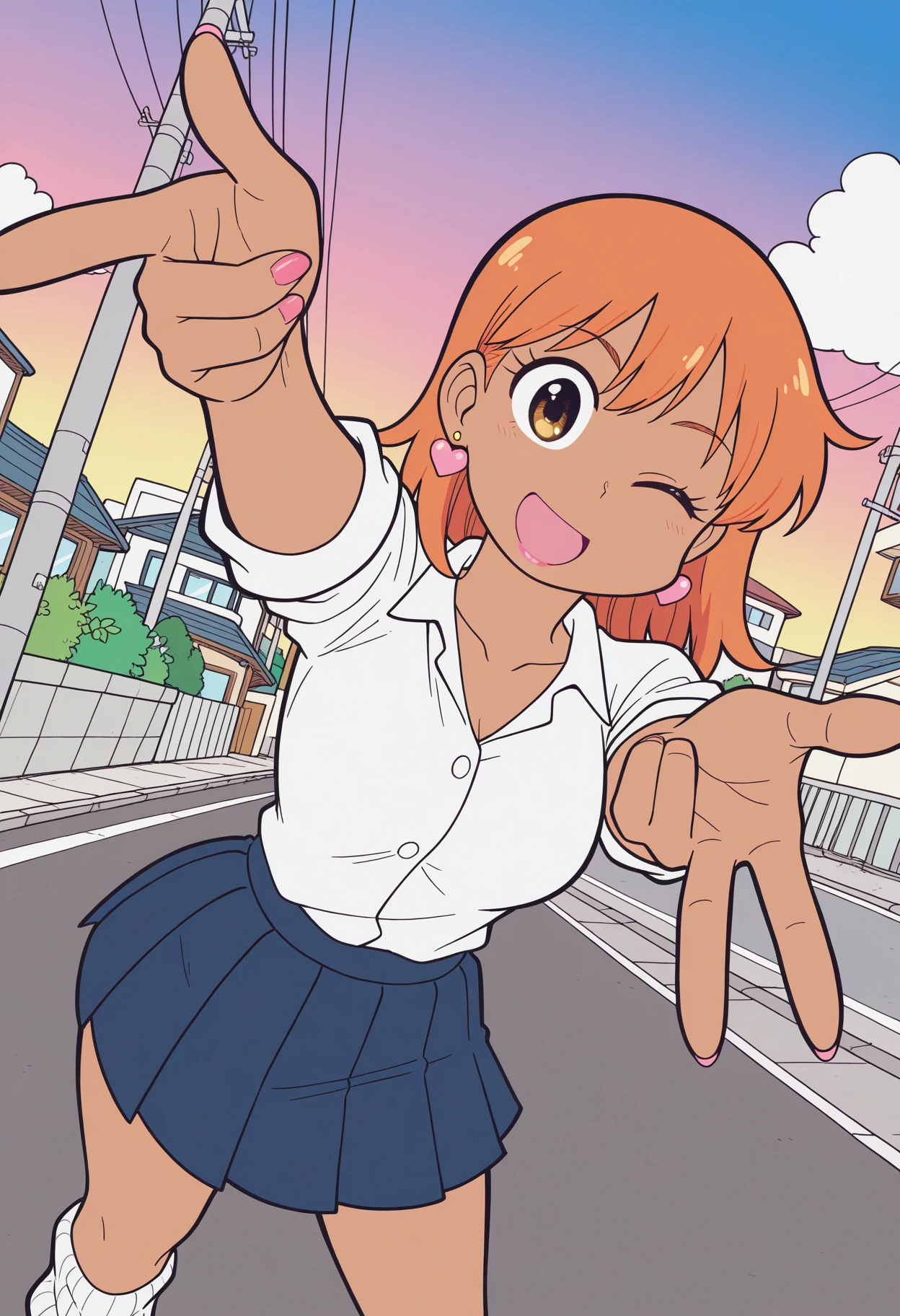 masterpiece, best quality,  absurdres, highres, 1girl,  <lora:city_the_animation_style:1>, city_style, cartoonized, medium hair, orange hair, heart earrings, dark skin, dark-skinned female, collared shirt, white shirt, collarbone, , makeup, long eyelashes, pink lips, sleeves rolled up, shirt tucked in, miniskirt, pleated skirt, loose socks, school uniform, gyaru, gyaru v, looking at viewer, :d, one eye closed, outdoors, gradient sky, cloud, rainbow, street, utility pole, cable, house, dynamic angle, perspective, safe,